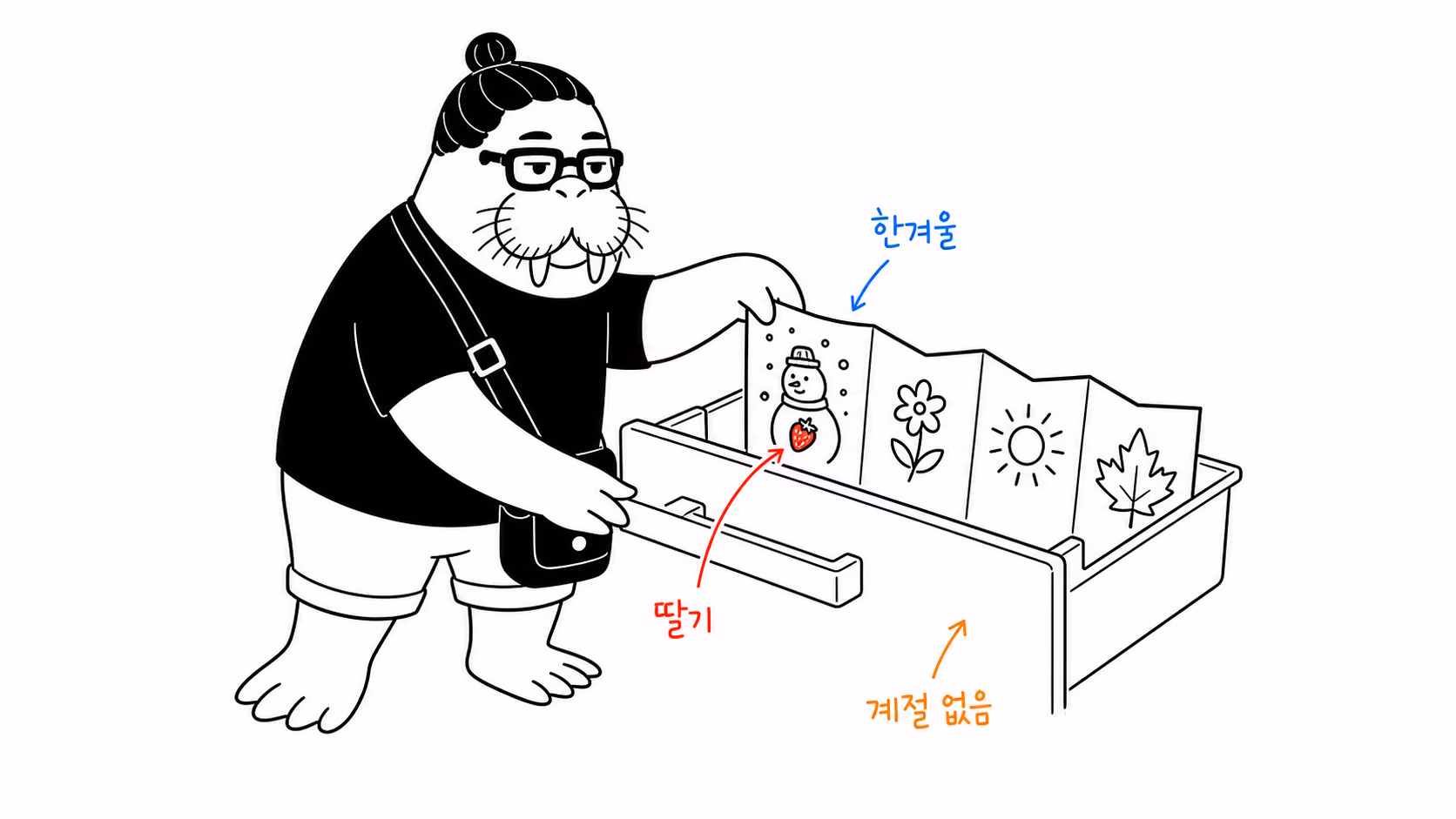사계절 달력을 접어 냉장고 서랍에 넣고 겨울 칸에서 딸기를 꺼내는 장면