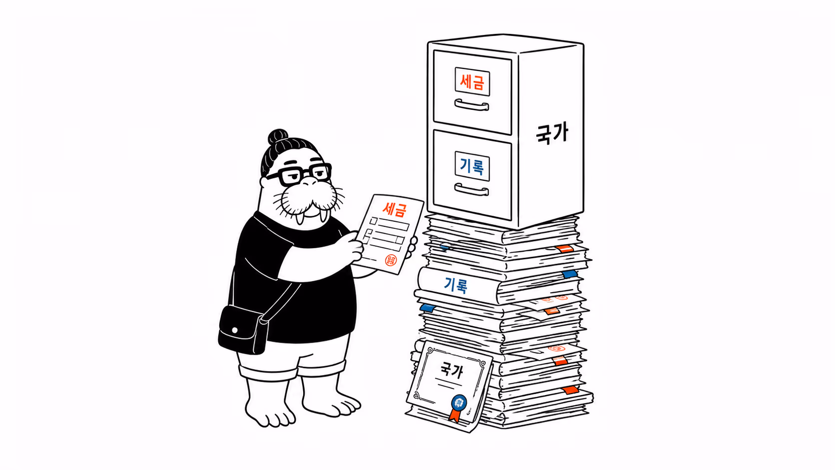 세금과 기록 서류가 국가 서류함을 떠받치는 장면