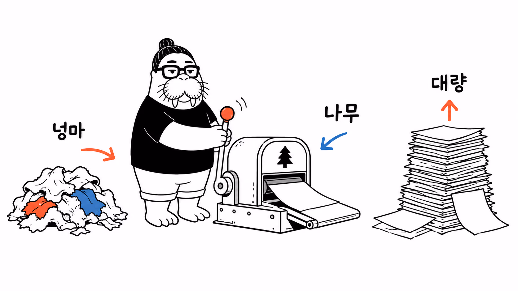 넝마 대신 나무를 넣어 종이를 대량 생산하는 장면