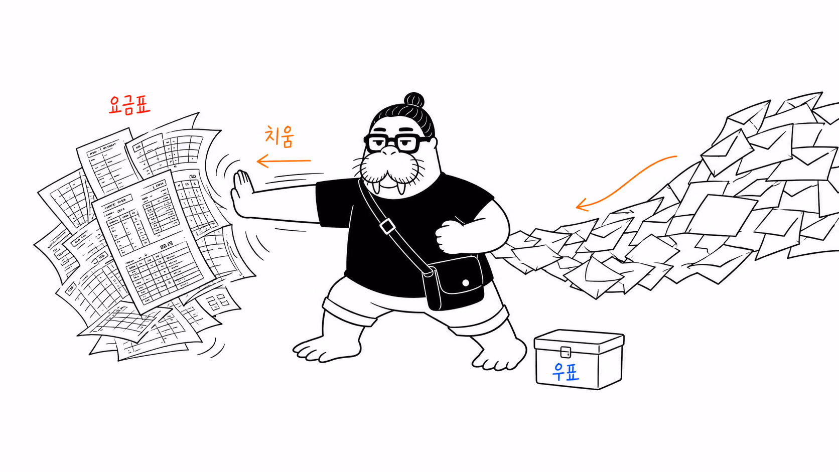 dkdk가 겹겹이 쌓인 복잡한 요금표 뭉치를 한 팔로 밀어 치우자 반대쪽에서 편지가 파도처럼 쏟아져 들어온다. 우표는 아직 뚜껑 닫힌 작은 상자 안에 있다