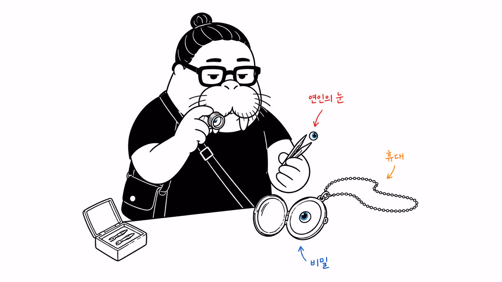 연인의 눈이 그려진 작은 장신구를 목에 거는 장면