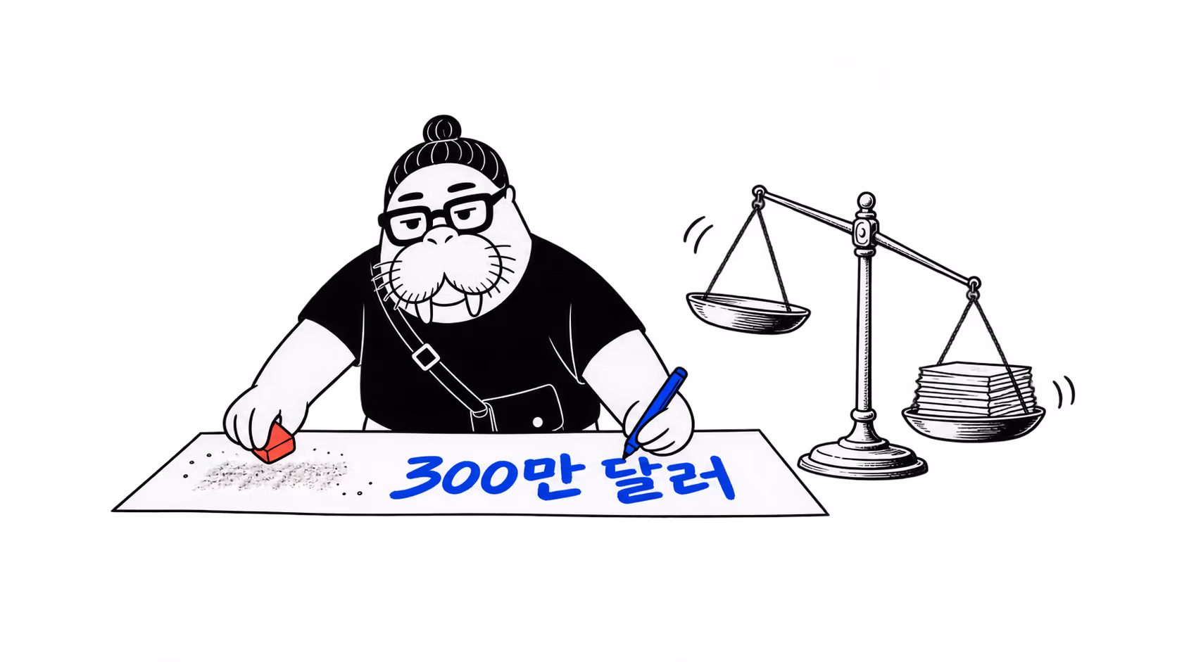 dkdk가 계산서의 작은 숫자를 지우개로 지우고 큰 숫자를 새로 적는데, 옆에 놓인 양팔 저울이 그 순간 반대쪽으로 기운다