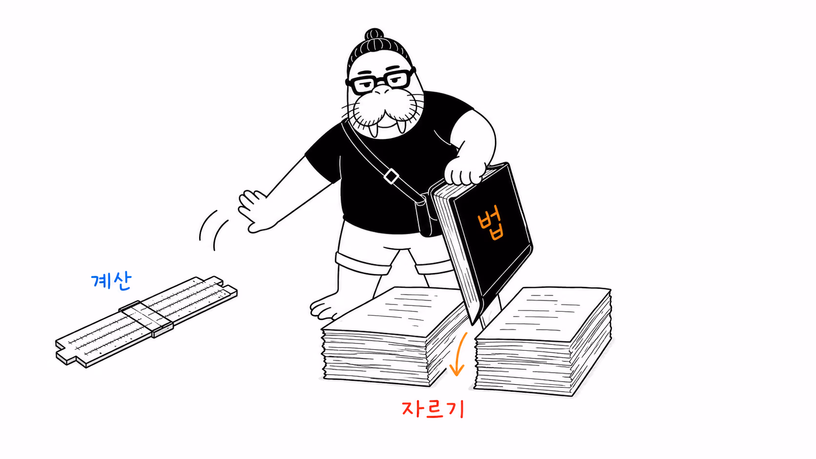 dkdk가 계산자를 옆으로 밀어 놓고, 대신 두꺼운 법전 모서리로 서류 더미를 눌러 반으로 잘라낸다