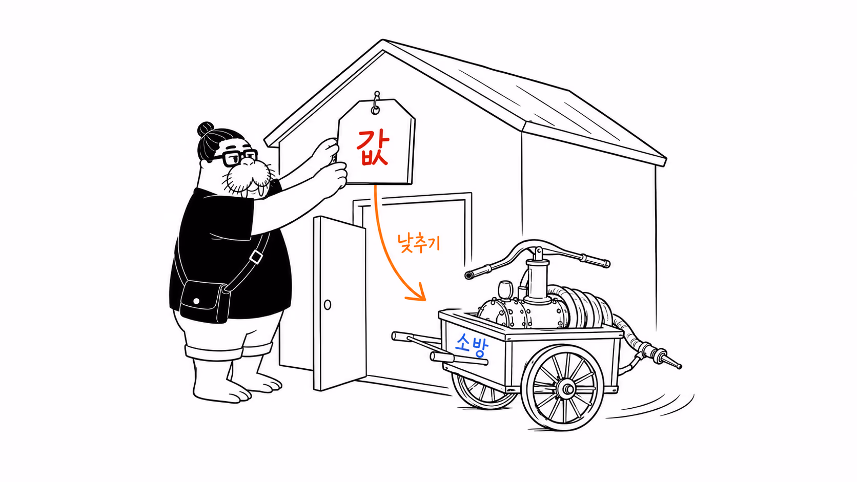 dkdk가 건물에 값표를 붙이자 그 값표 아래 문이 열리면서 물통을 든 소방 인력 대신 소방 펌프 수레가 굴러 나온다