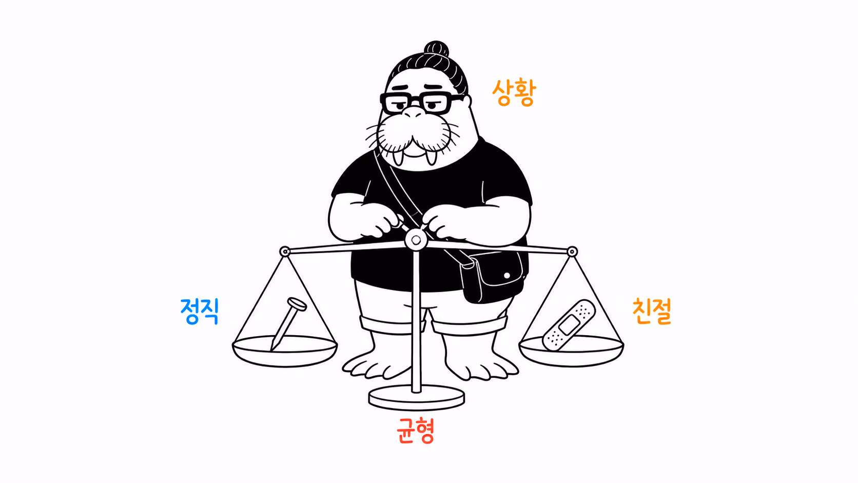 정직과 친절 사이의 균형을 조정하는 장면