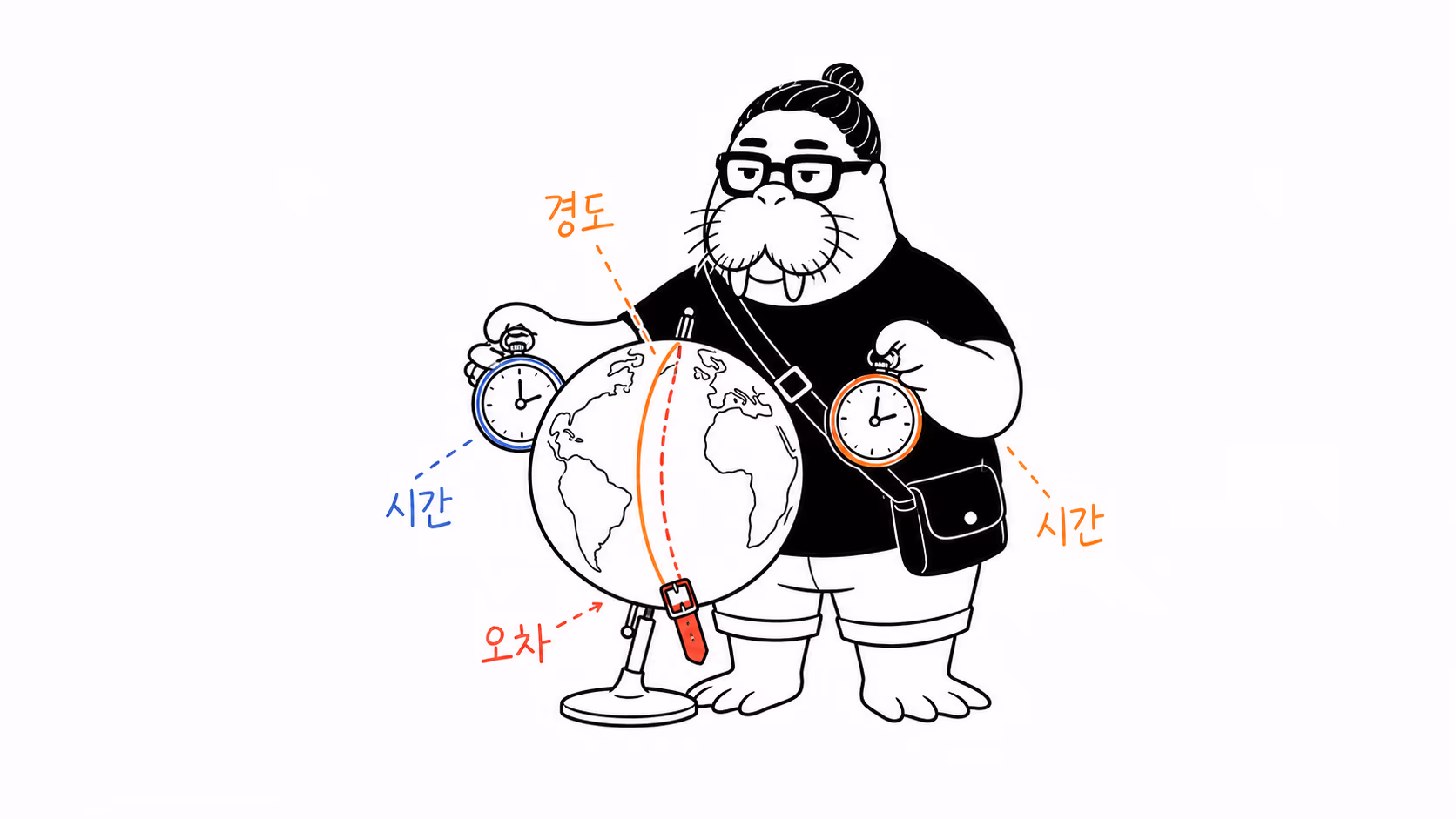 지구 양쪽의 시계와 미끄러지는 경도선을 맞추는 dkdk