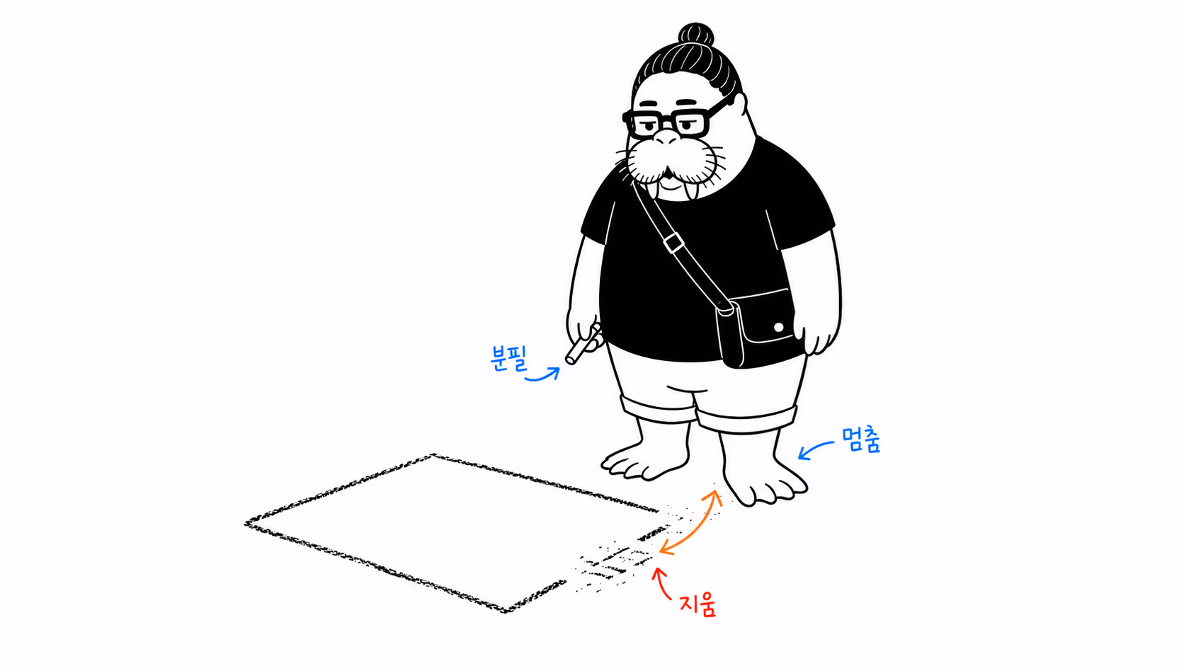 dkdk가 분필로 그린 네모의 한쪽 선이 발에 문질러져 지워졌고, 그 앞에 멈춰 서서 지워진 자리를 내려다본다