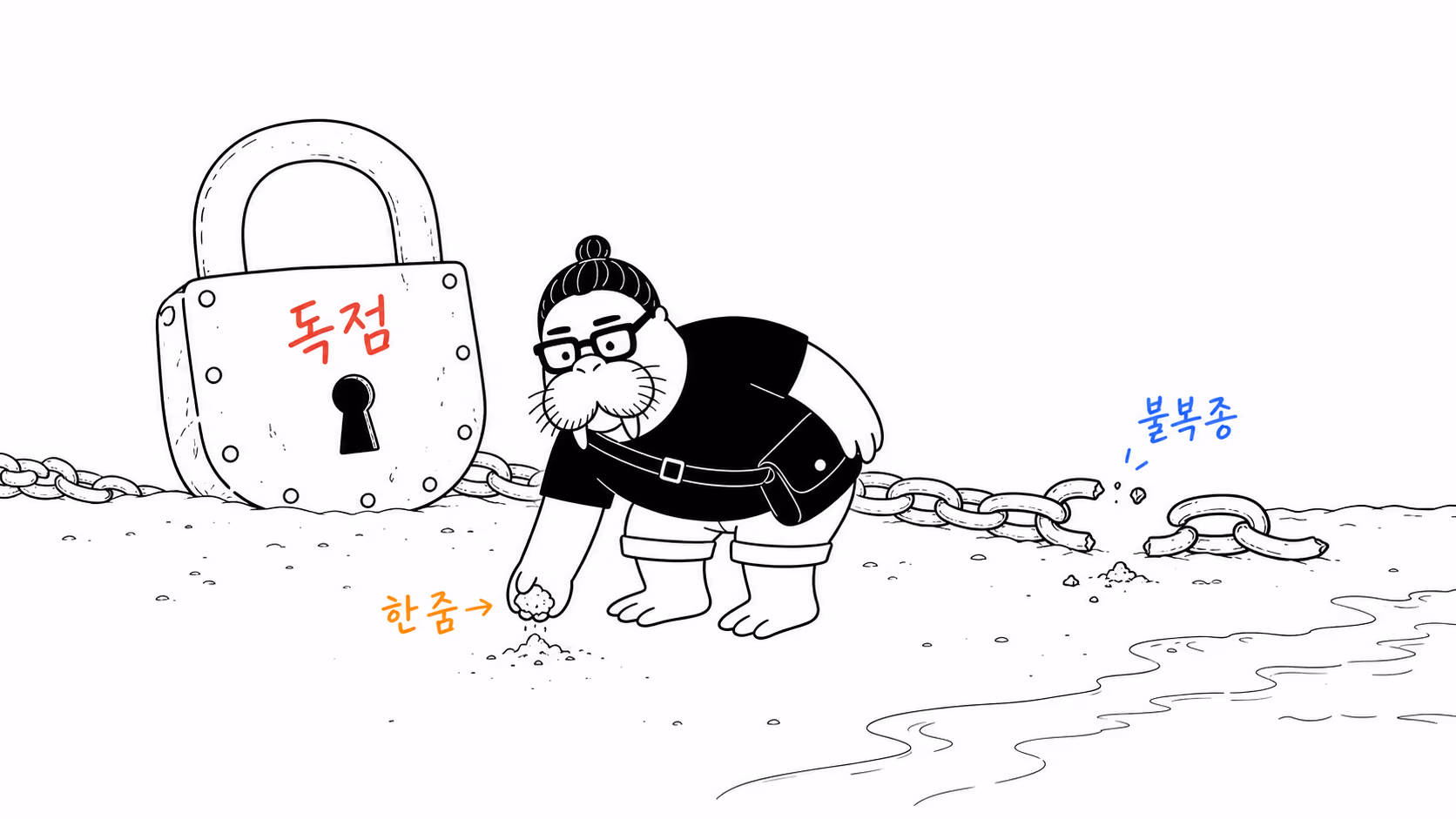 자물쇠가 채워진 해변에서 몸을 숙여 소금 한 줌을 집어 드는 장면