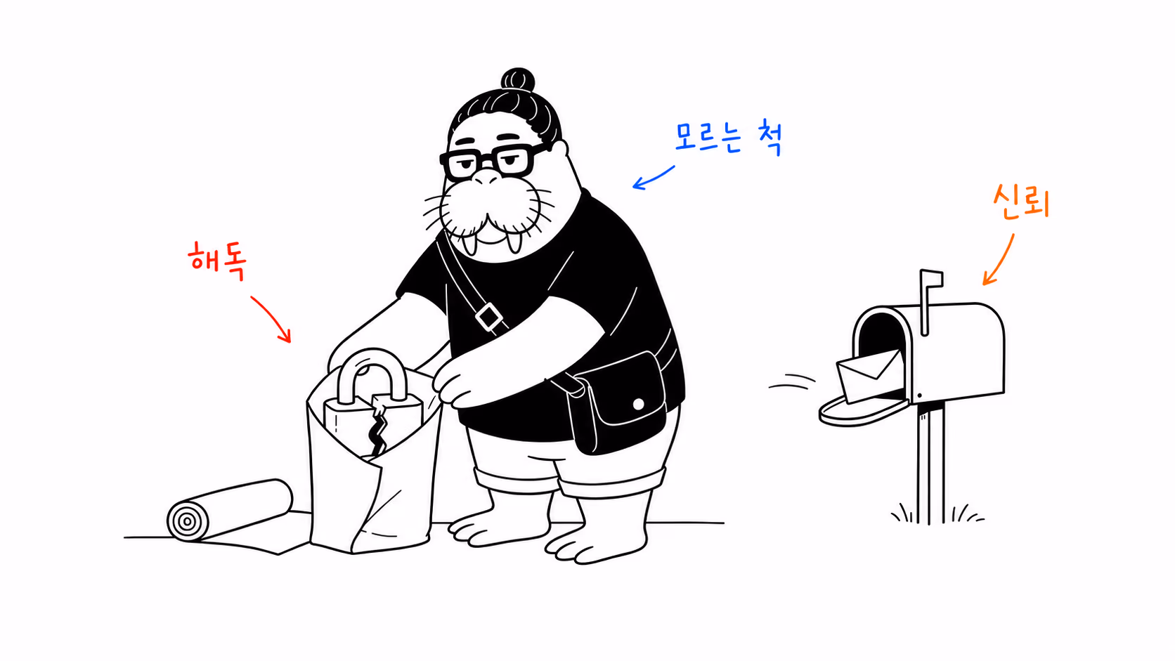 이미 열린 자물쇠를 얇은 종이로 다시 멀쩡한 척 포장하는 장면