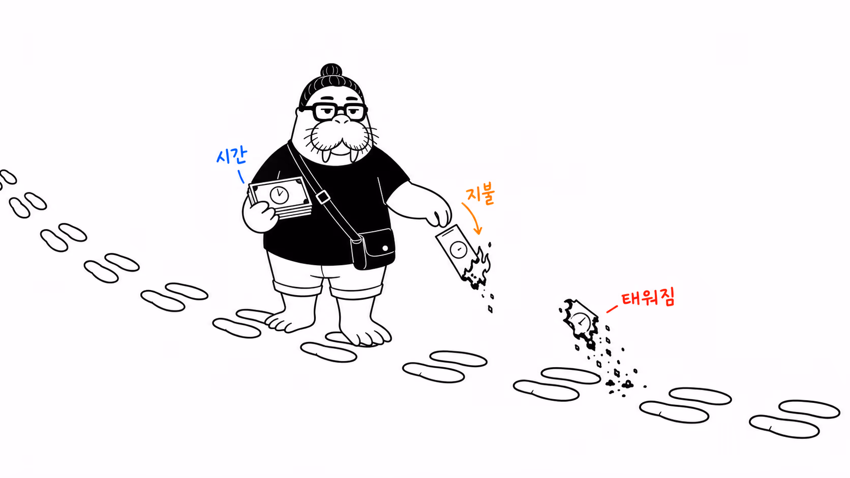 dkdk가 줄지어 찍힌 발자국 위에서 시간을 나타내는 지폐들이 한 장씩 타서 재가 되어 흩어진다. 사람은 그리지 말고 발자국만 그릴 것