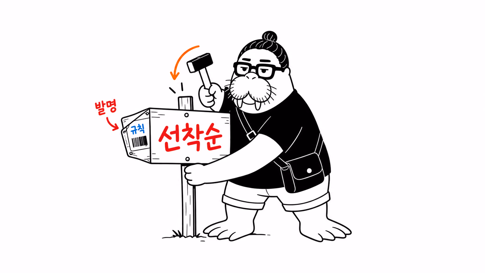 dkdk가 "선착순"이라 적힌 팻말을 땅에 박고 있는데, 그 팻말 뒷면에 공장에서 찍어낸 제품 라벨이 붙어 있는 것이 보인다