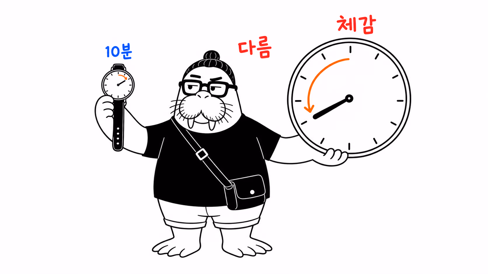 dkdk가 한 손에는 10분을 가리키는 손목시계를, 다른 손에는 바늘이 훨씬 멀리 가 있는 커다란 체감 시계를 들고 두 개를 번갈아 본다