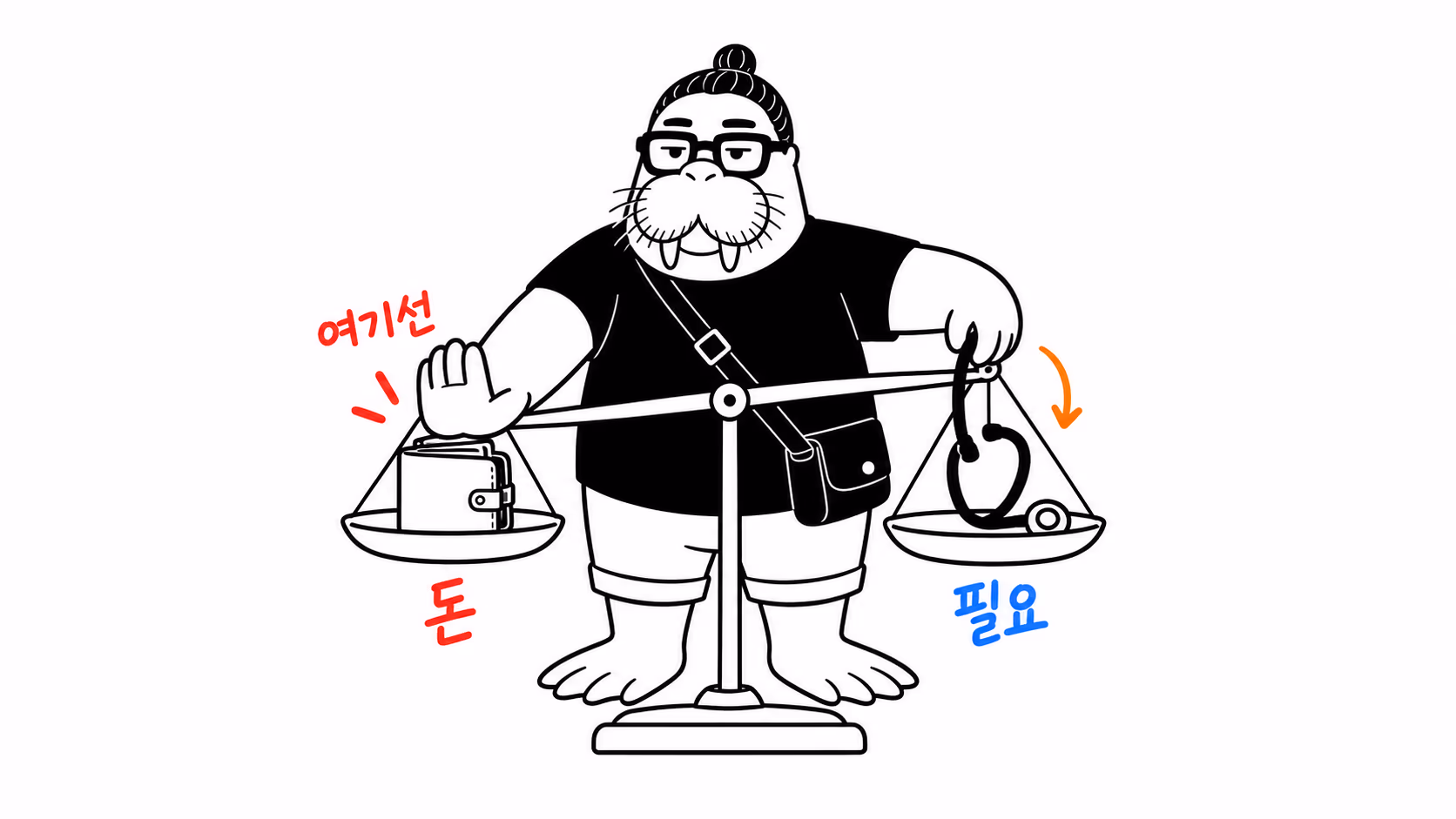 dkdk가 저울 한쪽에 지갑을, 다른 쪽에 청진기를 올리려는데 지갑 쪽 접시를 손바닥으로 눌러 막는다
