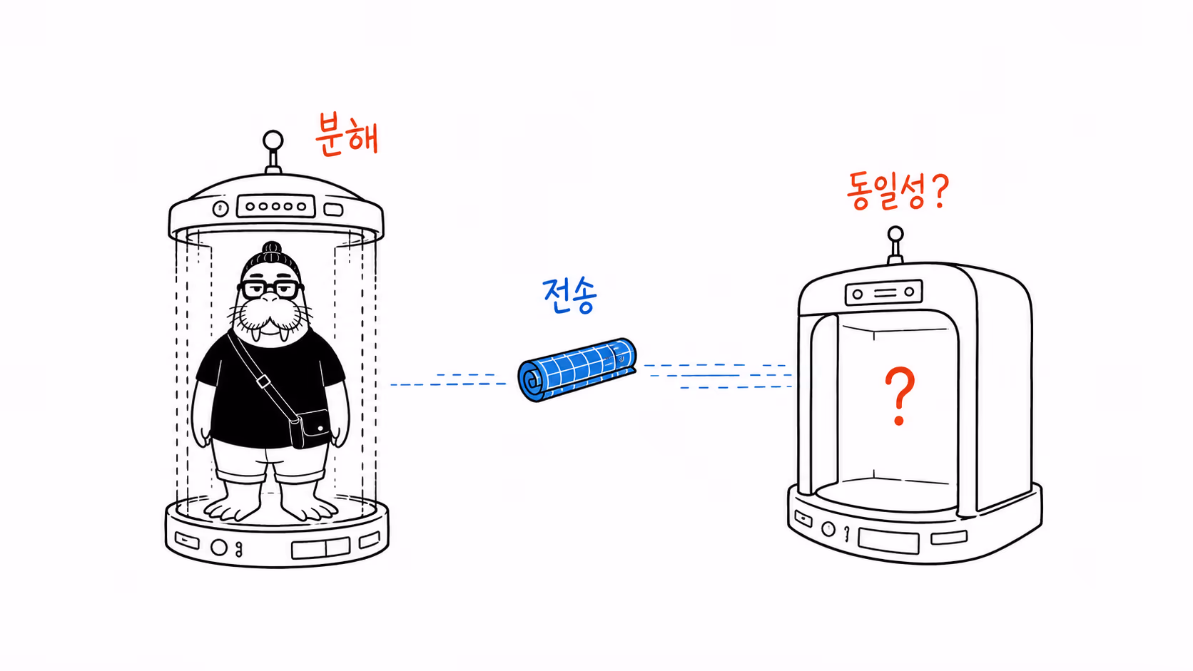 순간이동 장치 앞에서 동일성을 저울질하는 장면