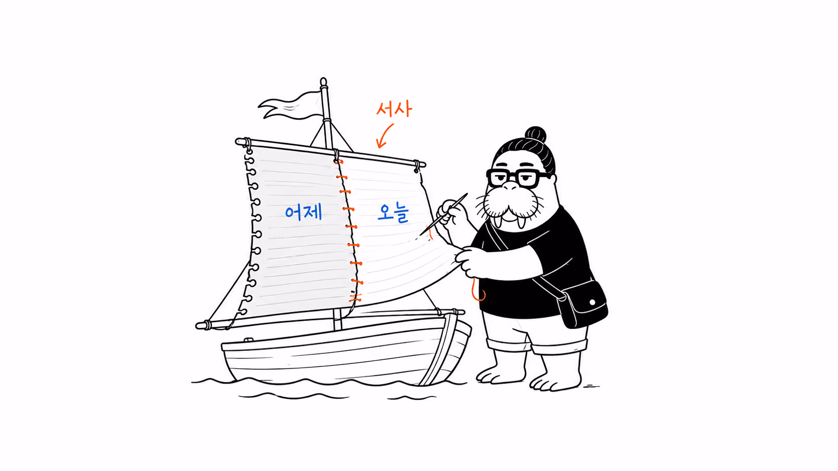 흩어진 삶의 조각을 하나의 이야기로 꿰매는 장면