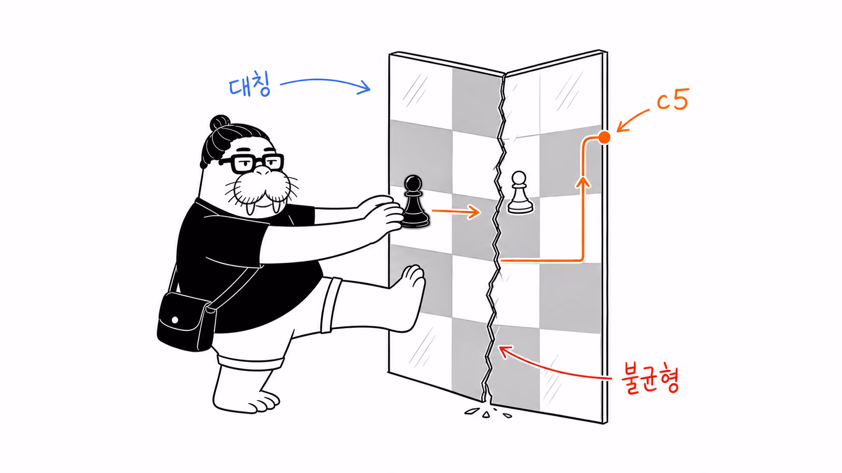 거울처럼 접힌 체스판 한쪽을 발로 밀고 c폰을 옆 레일로 보내는 장면