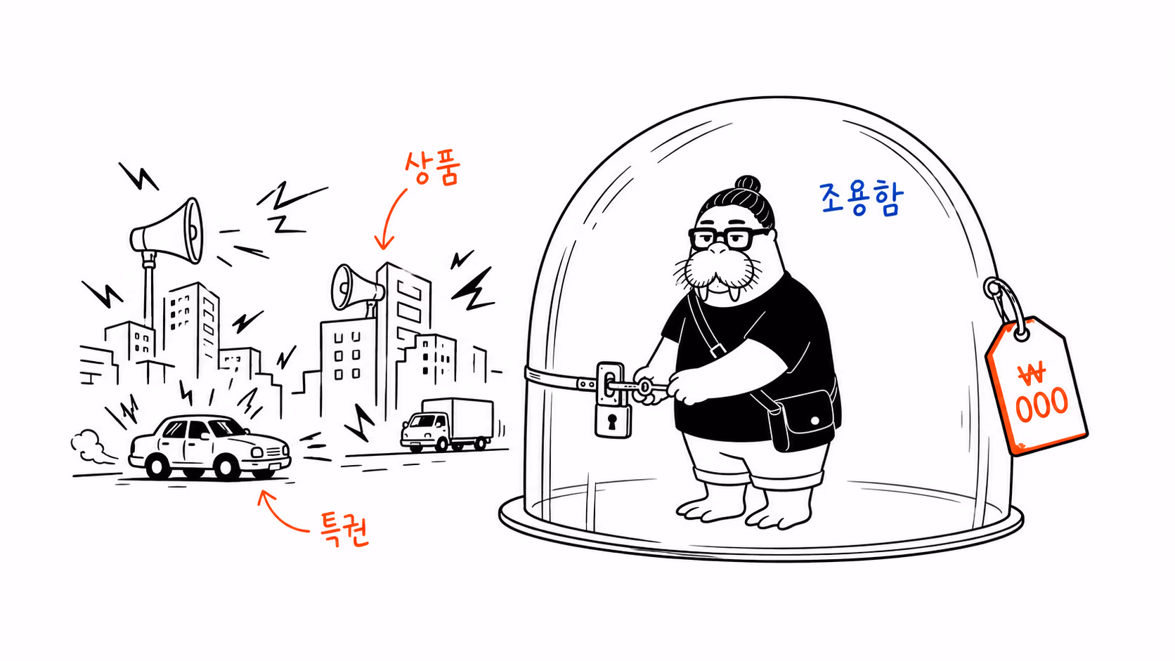 조용함에 가격표가 붙어 진열되는 장면