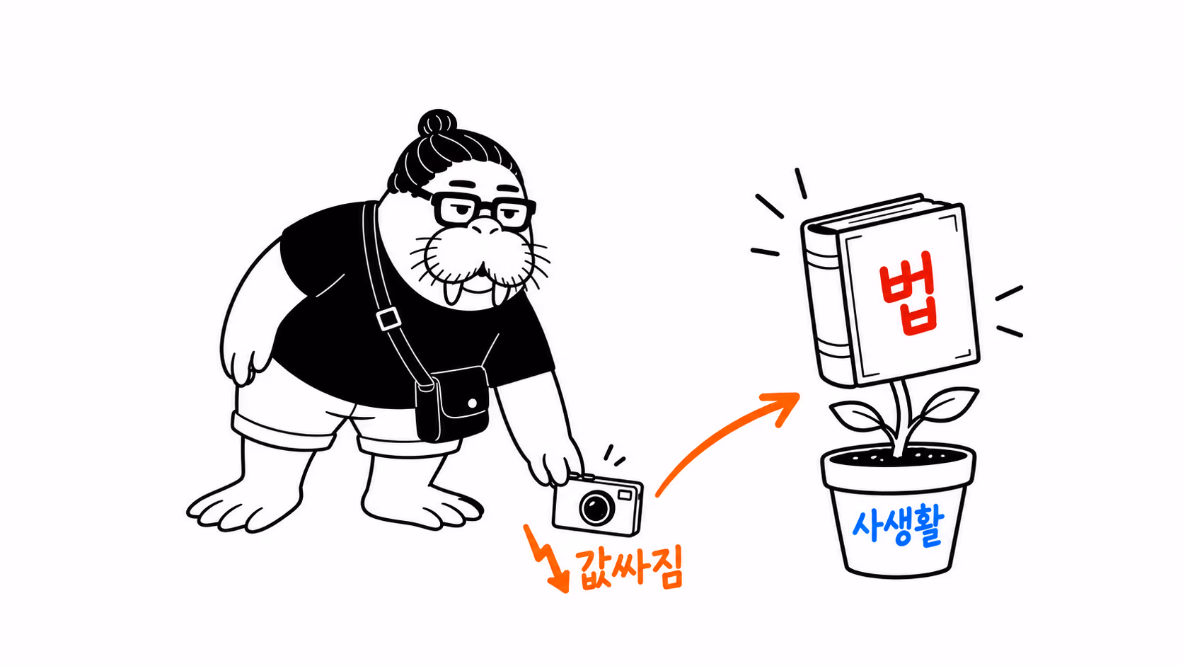 dkdk가 값이 뚝 떨어진 카메라를 내려놓자 그 옆 화분에서 두꺼운 법전이 싹처럼 자라 올라온다