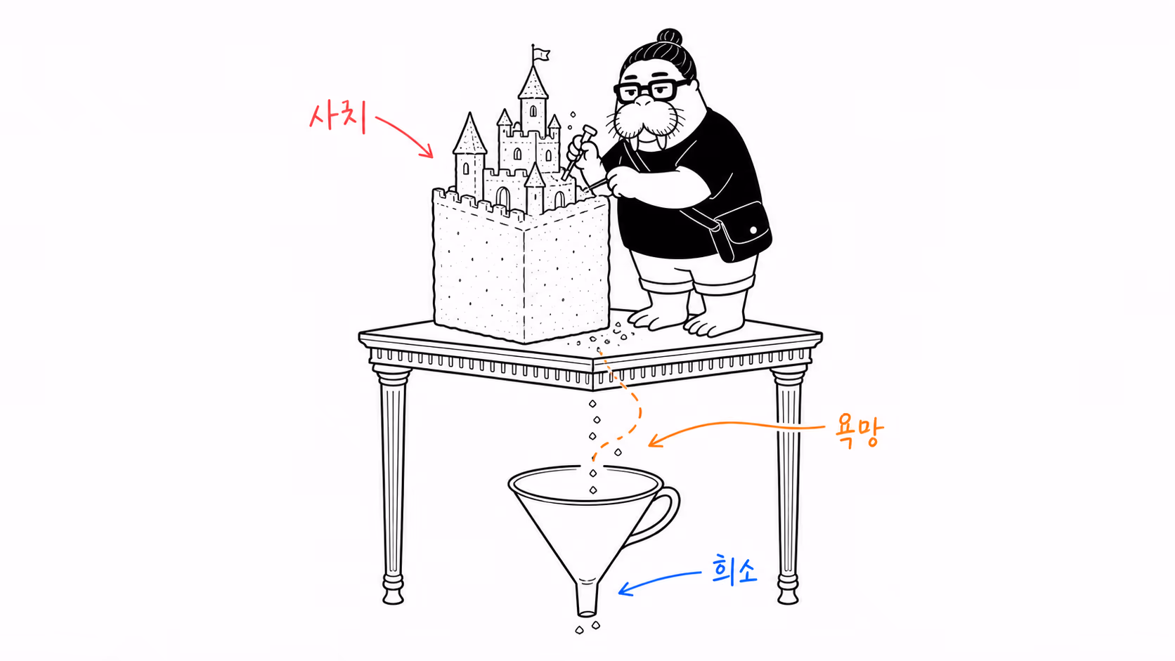 높은 식탁 위에서 거대한 각설탕을 작은 성으로 조각하는 장면