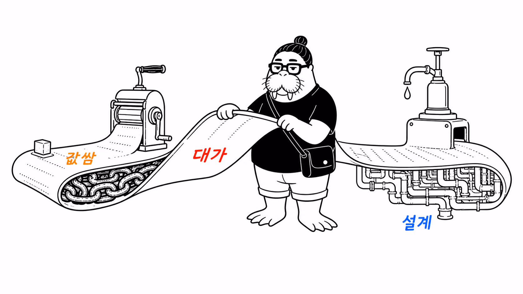 긴 영수증을 들어 올려 밑면에 숨은 사슬과 시럽 배관을 드러내는 장면