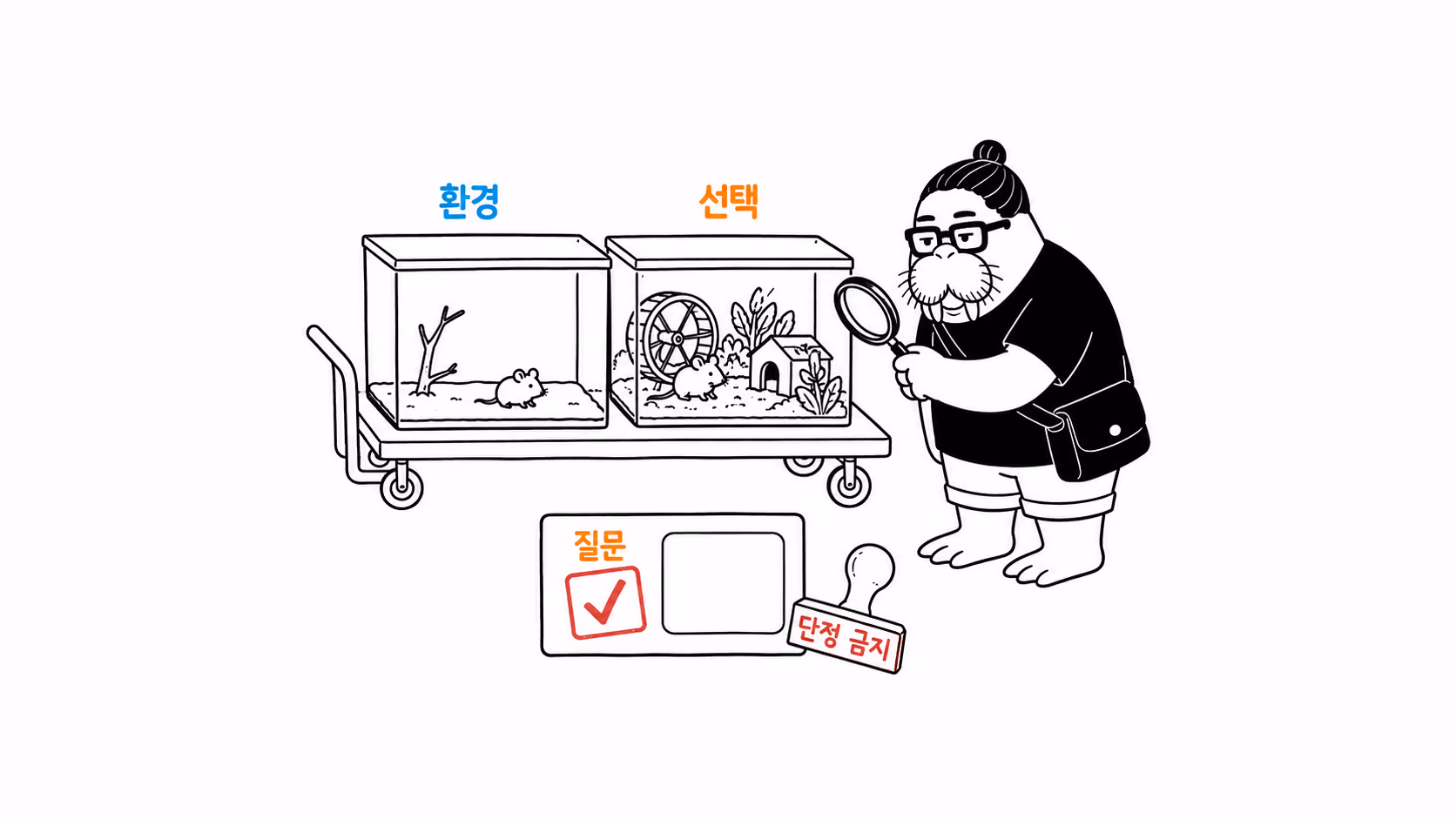 고립된 우리와 풍부한 환경을 비교하는 장면