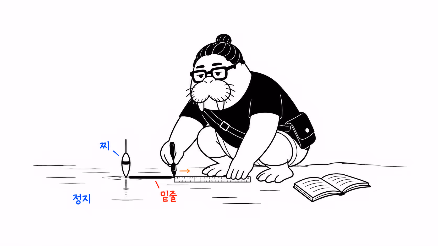 dkdk가 수면의 찌는 조금도 움직이지 않는데, 그 정지한 찌 아래에 자를 대고 굵은 밑줄을 긋는다