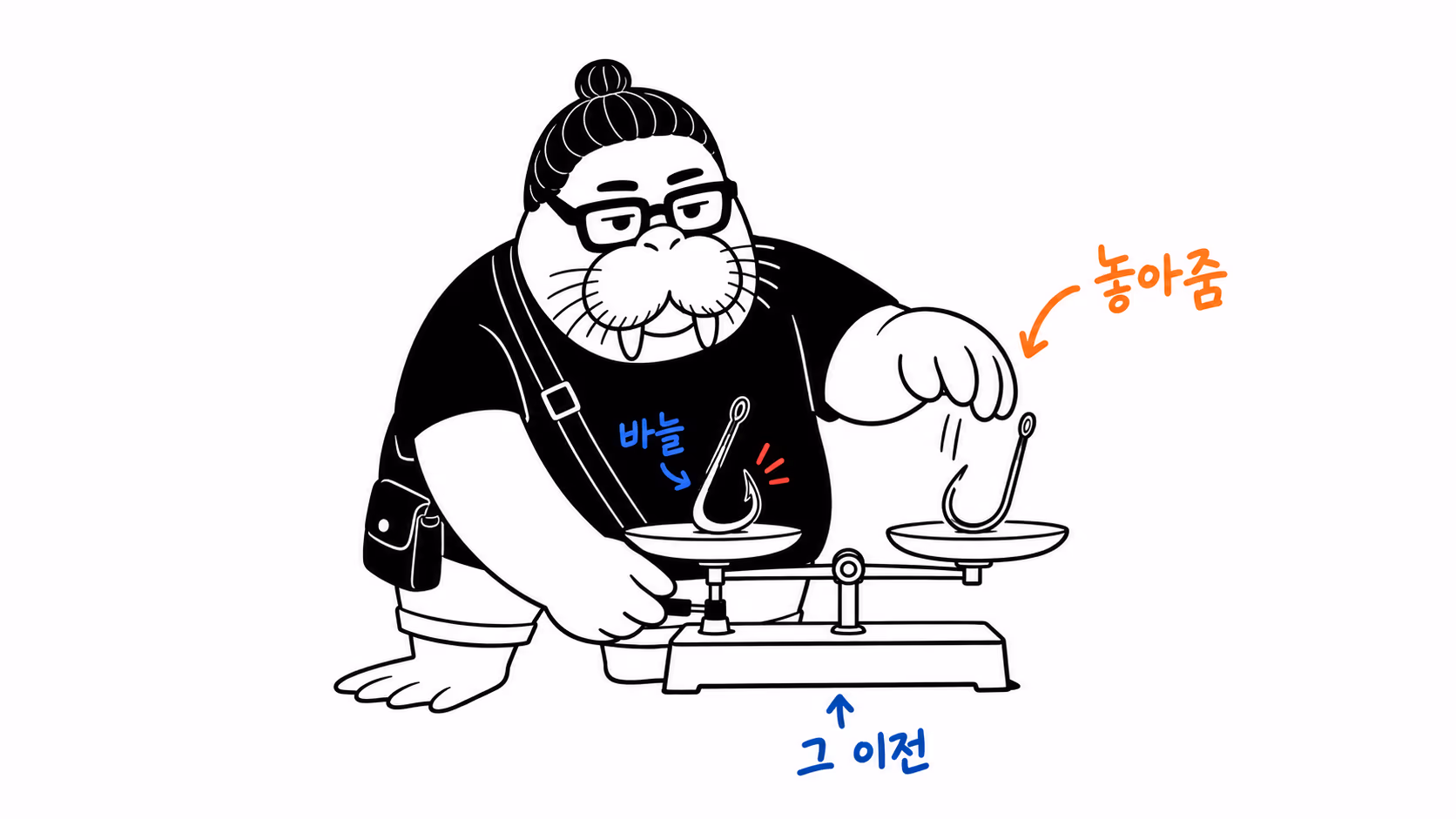 dkdk가 놓아주려는 손 앞에 작은 저울을 놓고 미늘이 있는 바늘과 없는 바늘을 나란히 올려 비교한다