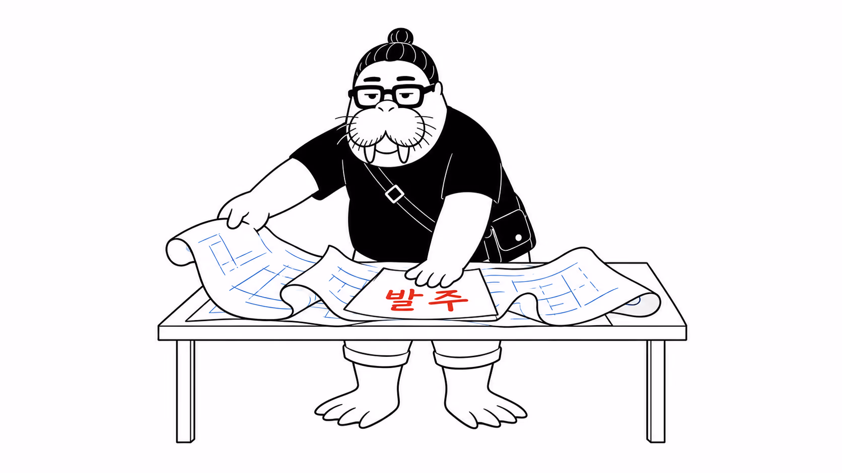 dkdk가 회의 탁자 위에서 제멋대로 말려 있던 도면들을 펴고, 그 위에 「발주」라 적힌 묵직한 문서 한 장을 올려 눌러 고정한다