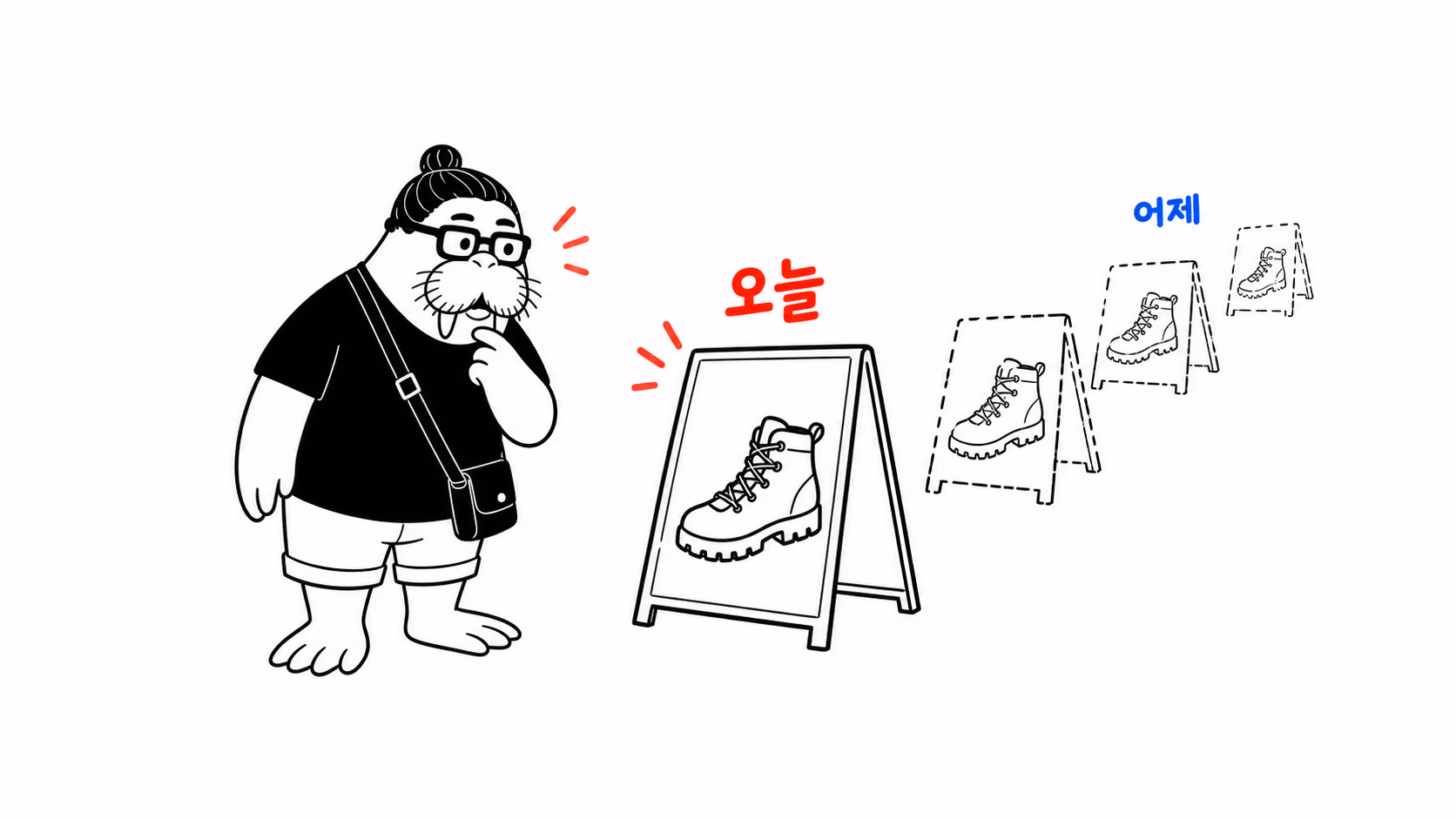 dkdk가 거리 한가운데 서서 눈앞의 등산화 간판 하나를 놀란 얼굴로 보고 있는데, 뒤쪽으로 똑같은 간판들이 흐릿하게 줄지어 서 있다