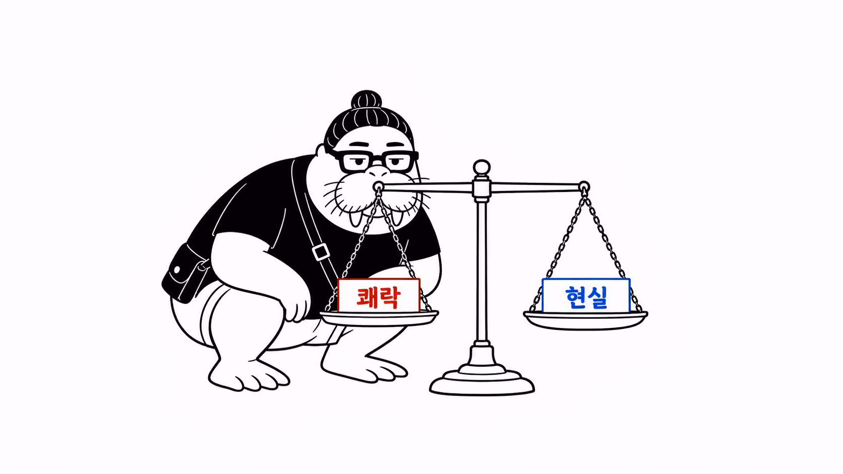 dkdk가 양팔 저울 앞에 쪼그려 앉아 두 접시의 높이를 눈높이에서 비교하는데, 저울은 정확히 수평이다
