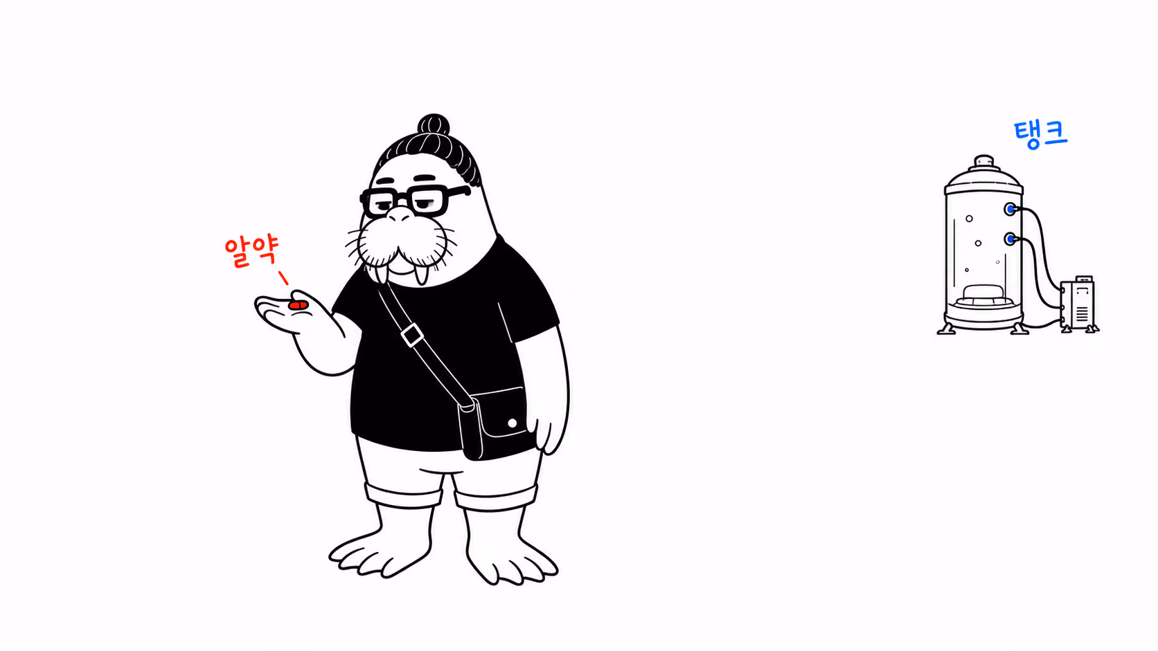 dkdk가 손바닥 위의 작은 알약을 들여다보고 있고, 등 뒤 저 멀리에 전극 달린 수조가 작게 보인다