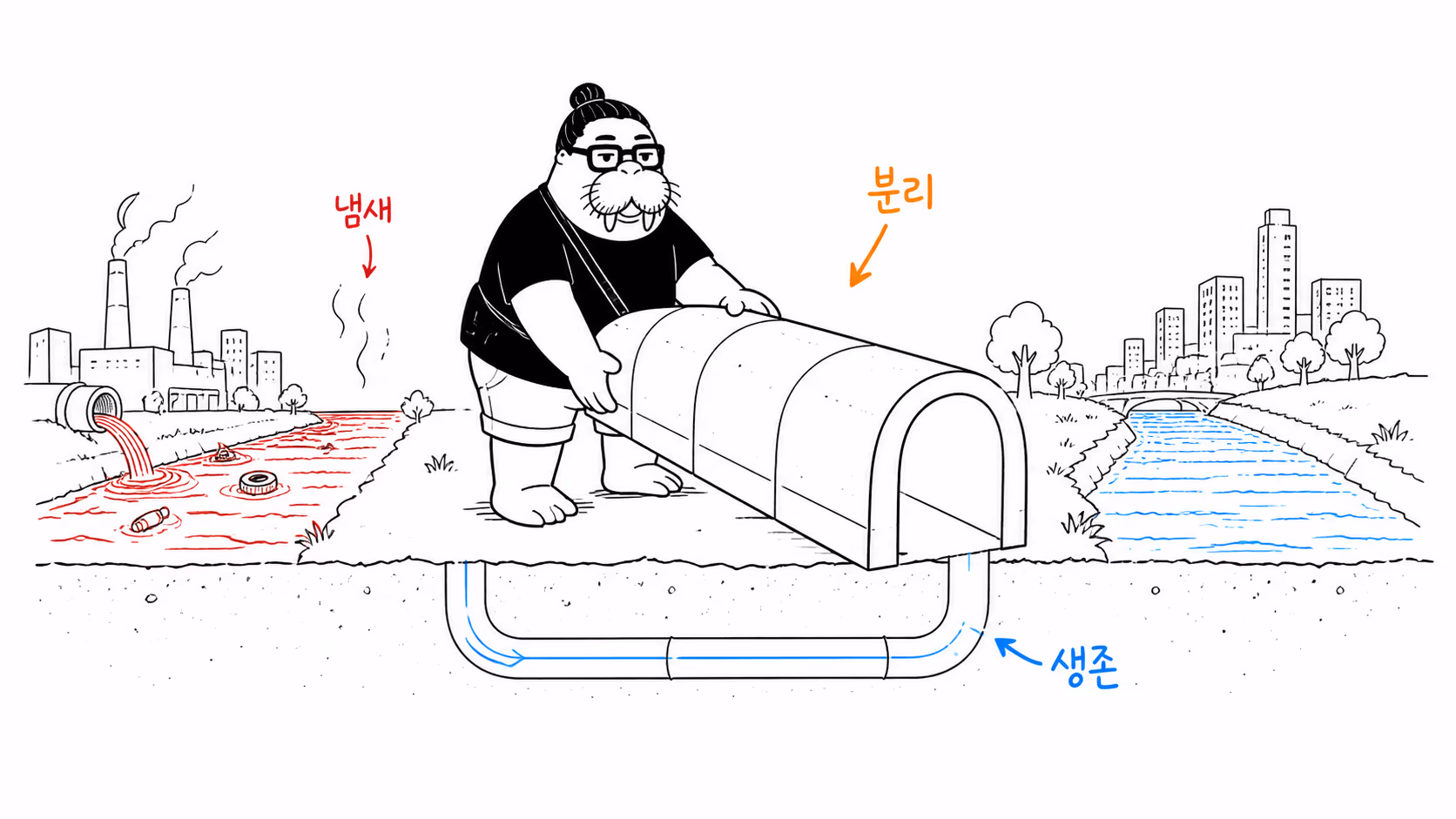 냄새를 쫓아 지하 관을 옮기다가 오염수와 식수 사이에 물리적 벽을 세우는 장면