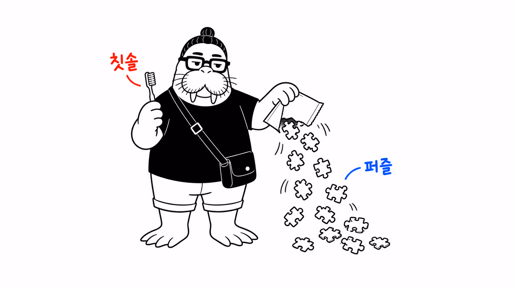 dkdk가 칫솔 한 개를 들고 있고, 방금 뜯은 봉투에서 퍼즐 조각이 우르르 쏟아져 나온다