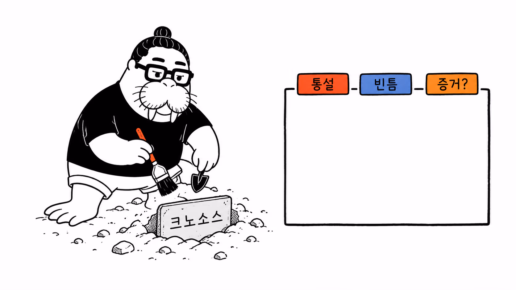 크노소스 통설 아래 비어 있는 증거 상자를 확인하는 장면