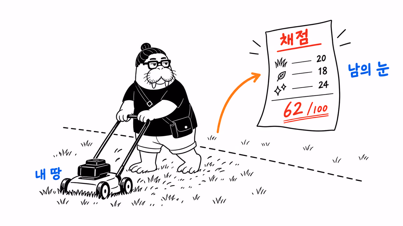 dkdk가 울타리 없는 자기 앞마당에서 풀을 깎고 있는데, 경계선 바로 너머 허공에 커다란 채점표가 떠서 점수를 매기고 있다