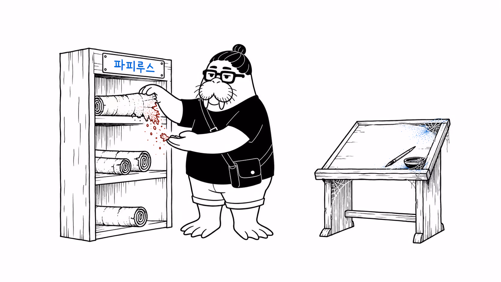 dkdk가 서가에서 두루마리 하나를 꺼내자 가장자리가 가루처럼 부스러지고, 옆의 필사대는 먼지만 쌓인 채 비어 있다