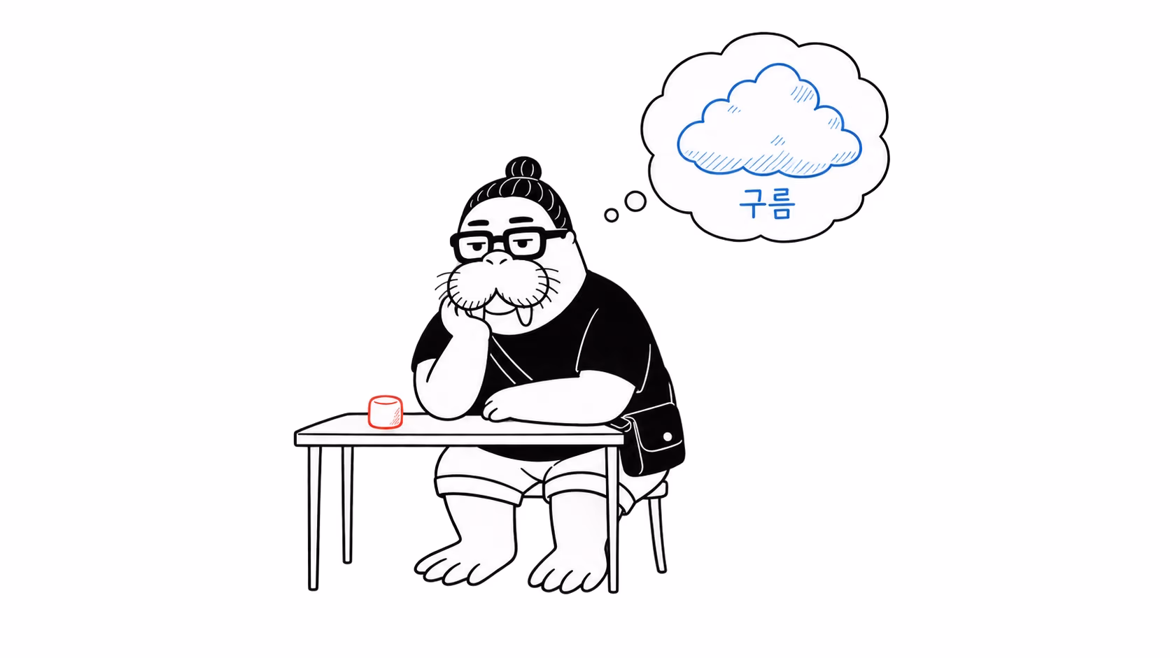 dkdk가 탁자 위 마시멜로 하나를 바라보며 턱을 괴고 있고, 머리 위 생각 풍선 안에는 마시멜로 대신 뭉게구름이 떠 있다