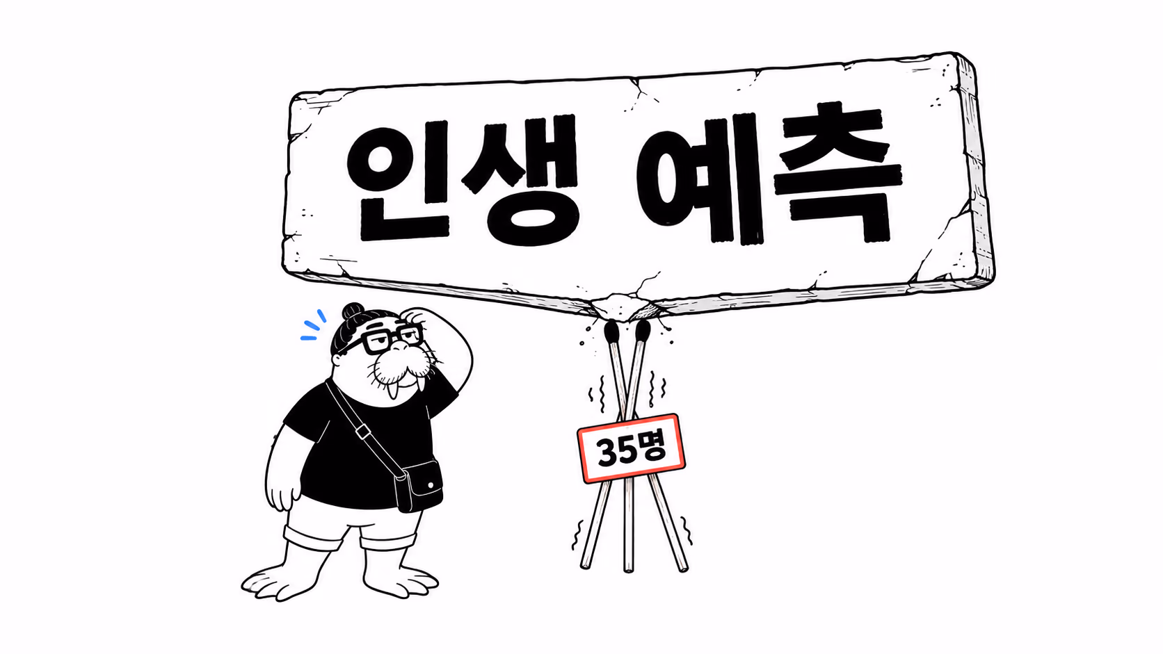 dkdk가 커다란 간판을 올려다보며 난감한 표정을 짓는데, 그 간판을 받치는 기둥이 성냥개비 몇 개뿐이다