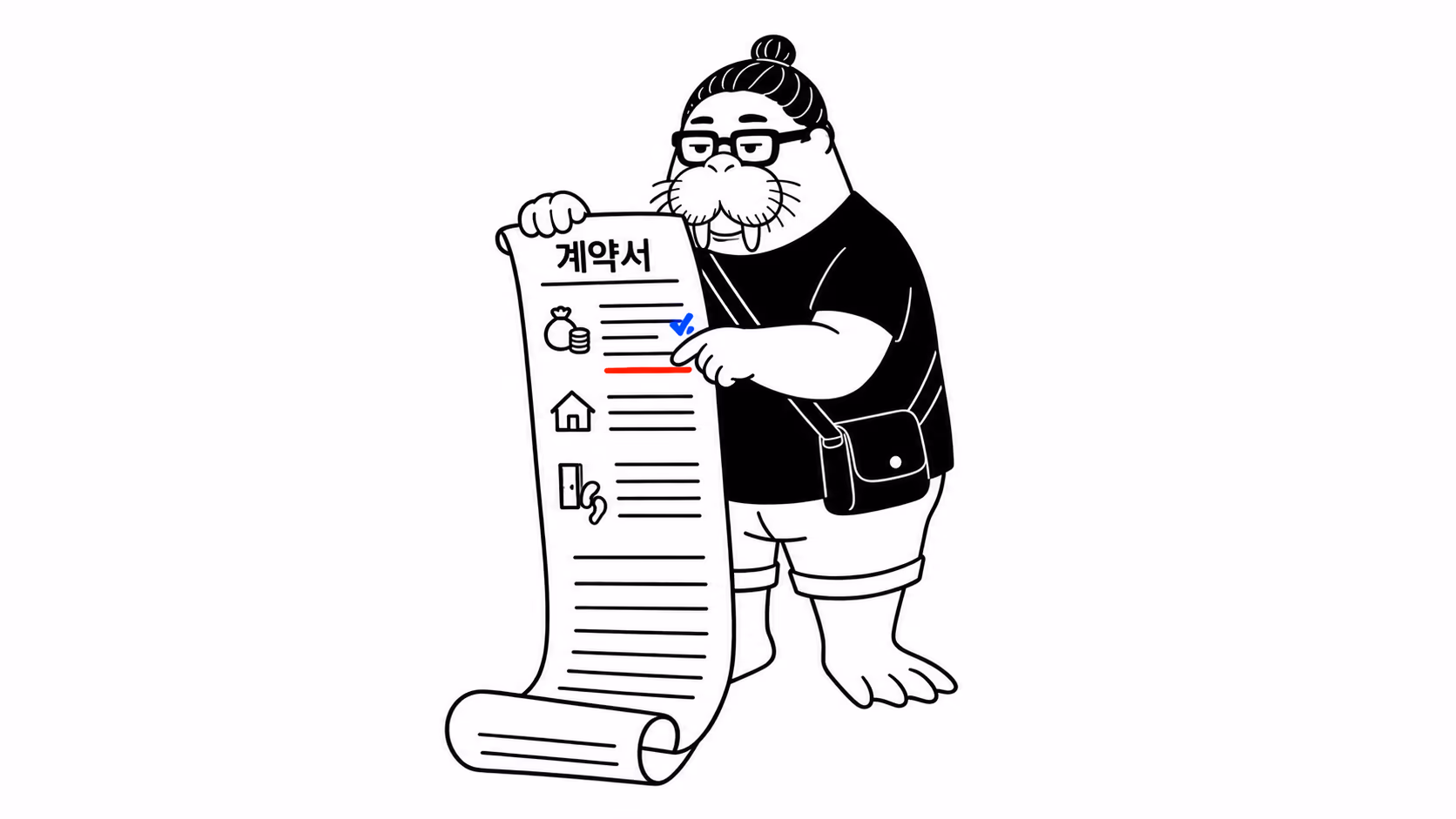 dkdk가 바닥까지 늘어지는 긴 계약서 두루마리를 두 손으로 펼쳐 한 줄씩 짚어 읽고 있다