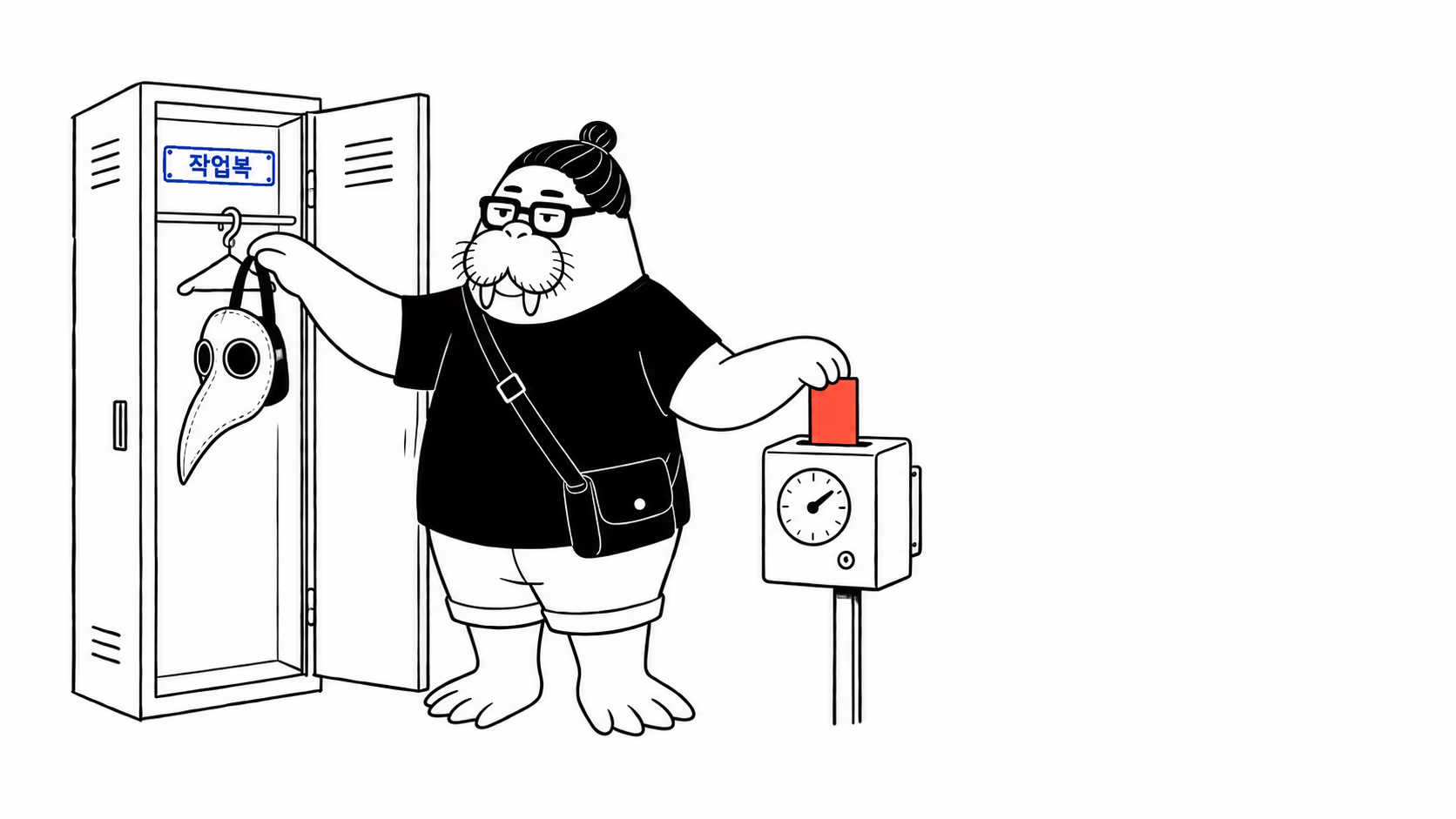 dkdk가 사물함 문을 열고 부리 가면을 옷걸이에 걸어 두면서, 다른 손으로 출근 카드를 기계에 꽂는다