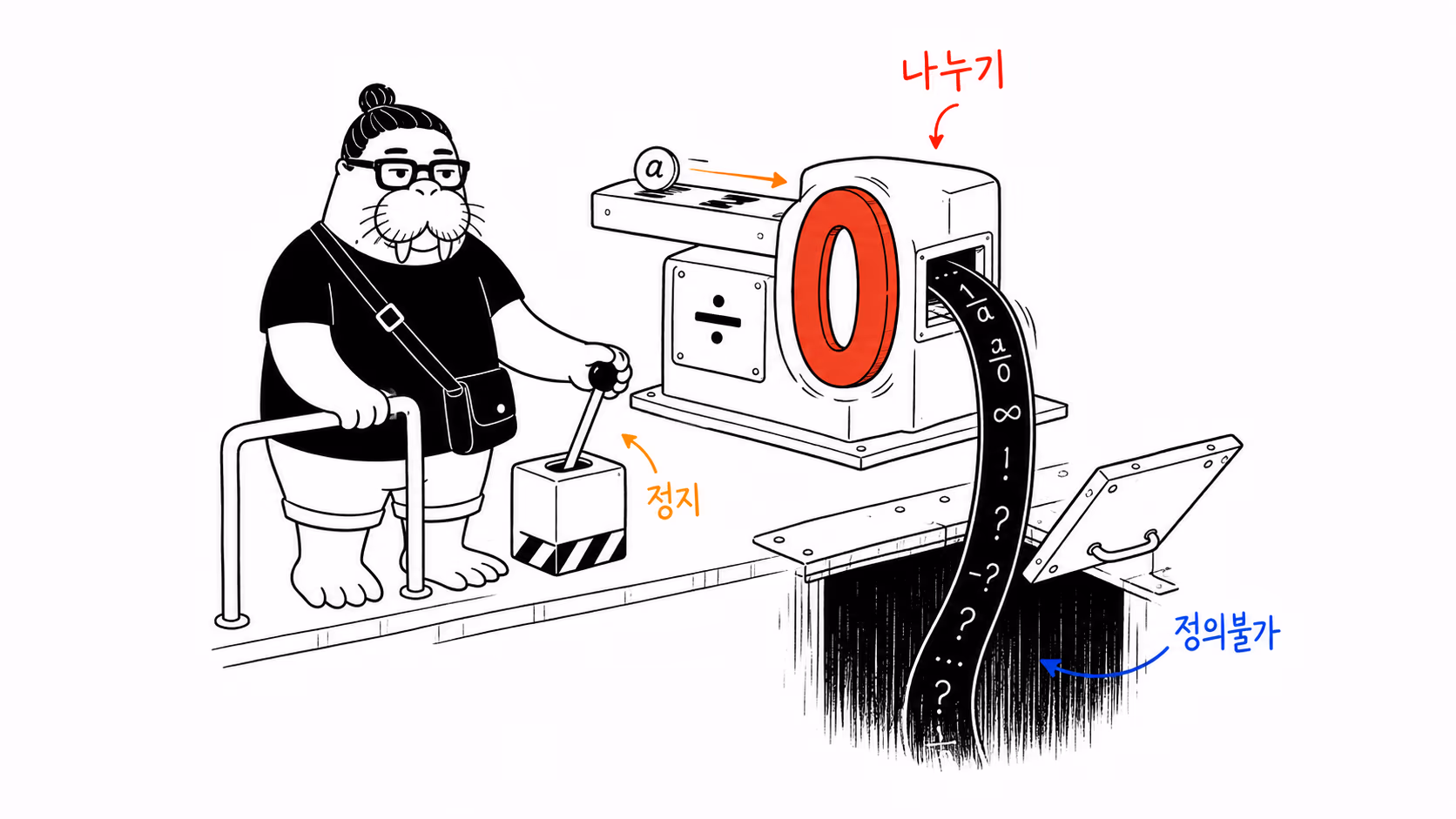 0 나눗셈 기계에서 답 대신 끝없는 띠가 심연으로 빠지는 장면