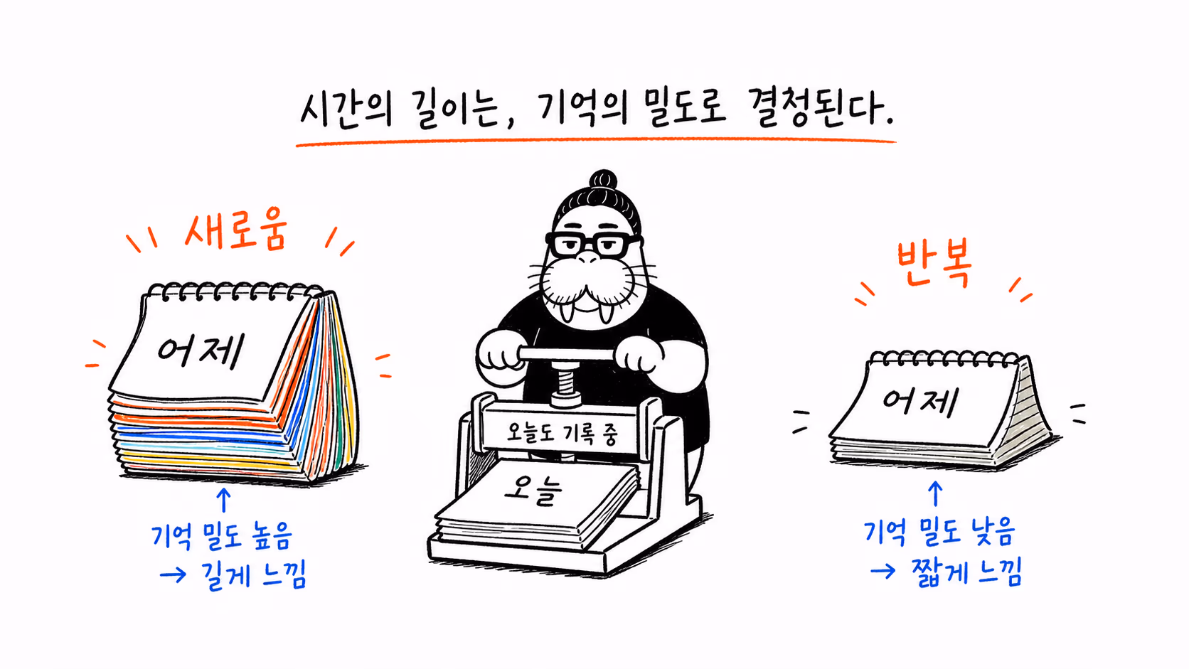 새로운 날과 반복되는 날의 기억 밀도를 비교하는 장면