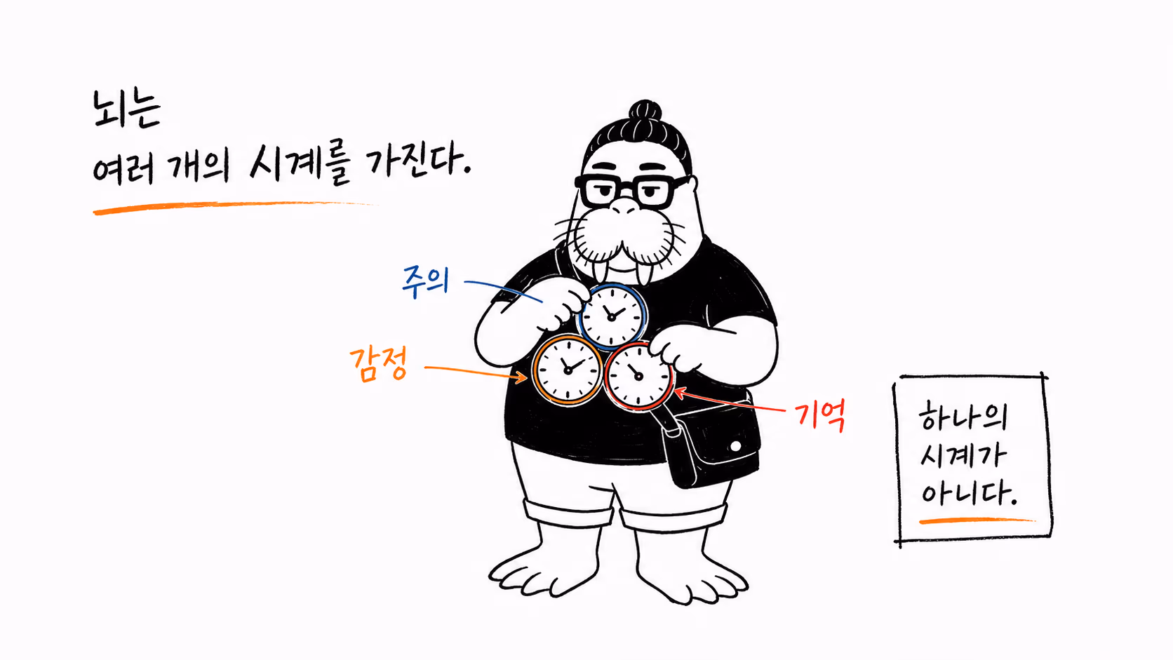 주의 감정 기억이라는 여러 시계를 함께 조정하는 장면