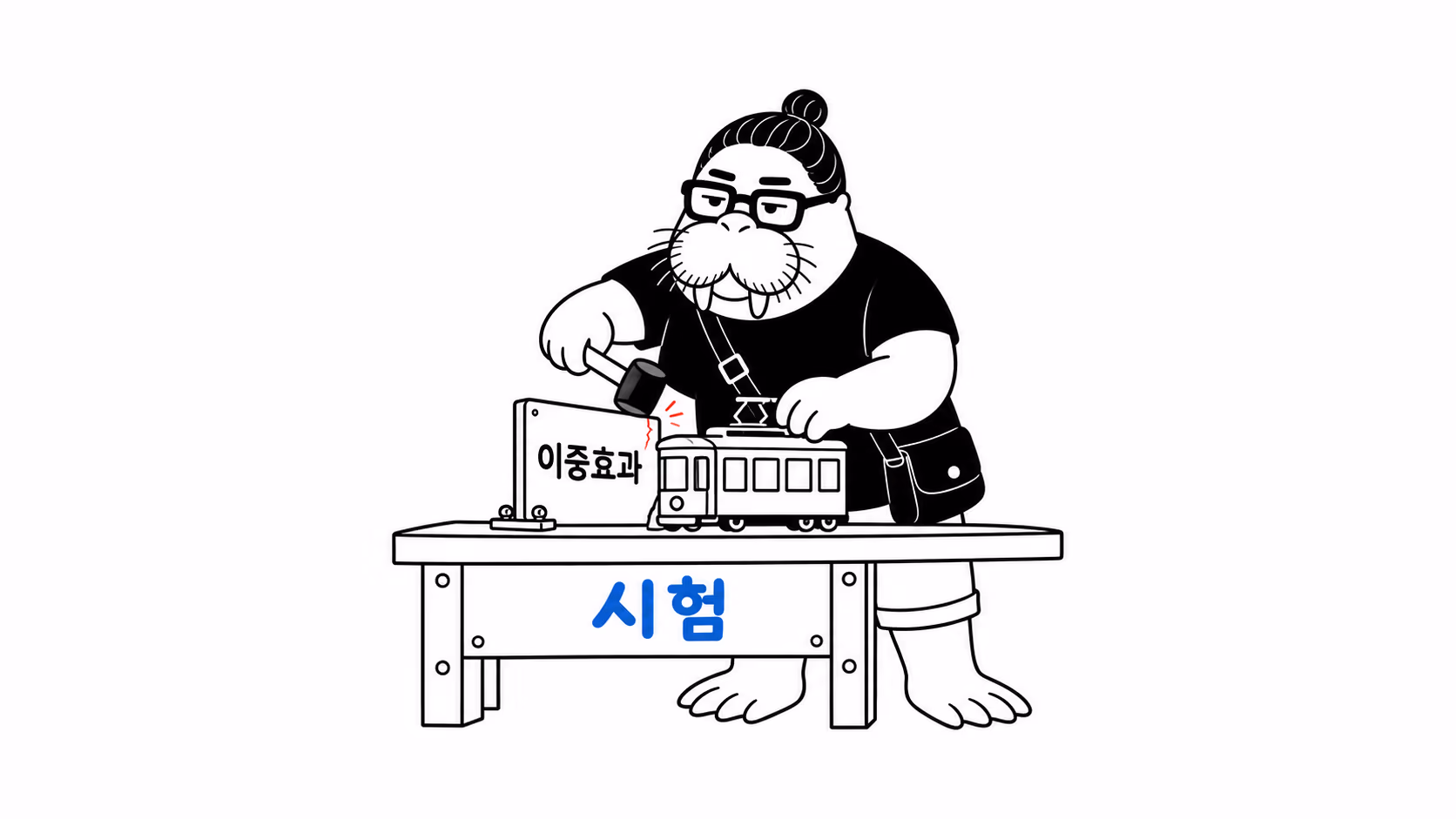 dkdk가 작업대에 놓인 장난감 전차를 한 손으로 붙잡고, 다른 손에 든 작은 고무망치로 「이중효과」라 적힌 판을 톡톡 두드려 금이 가는지 살핀다