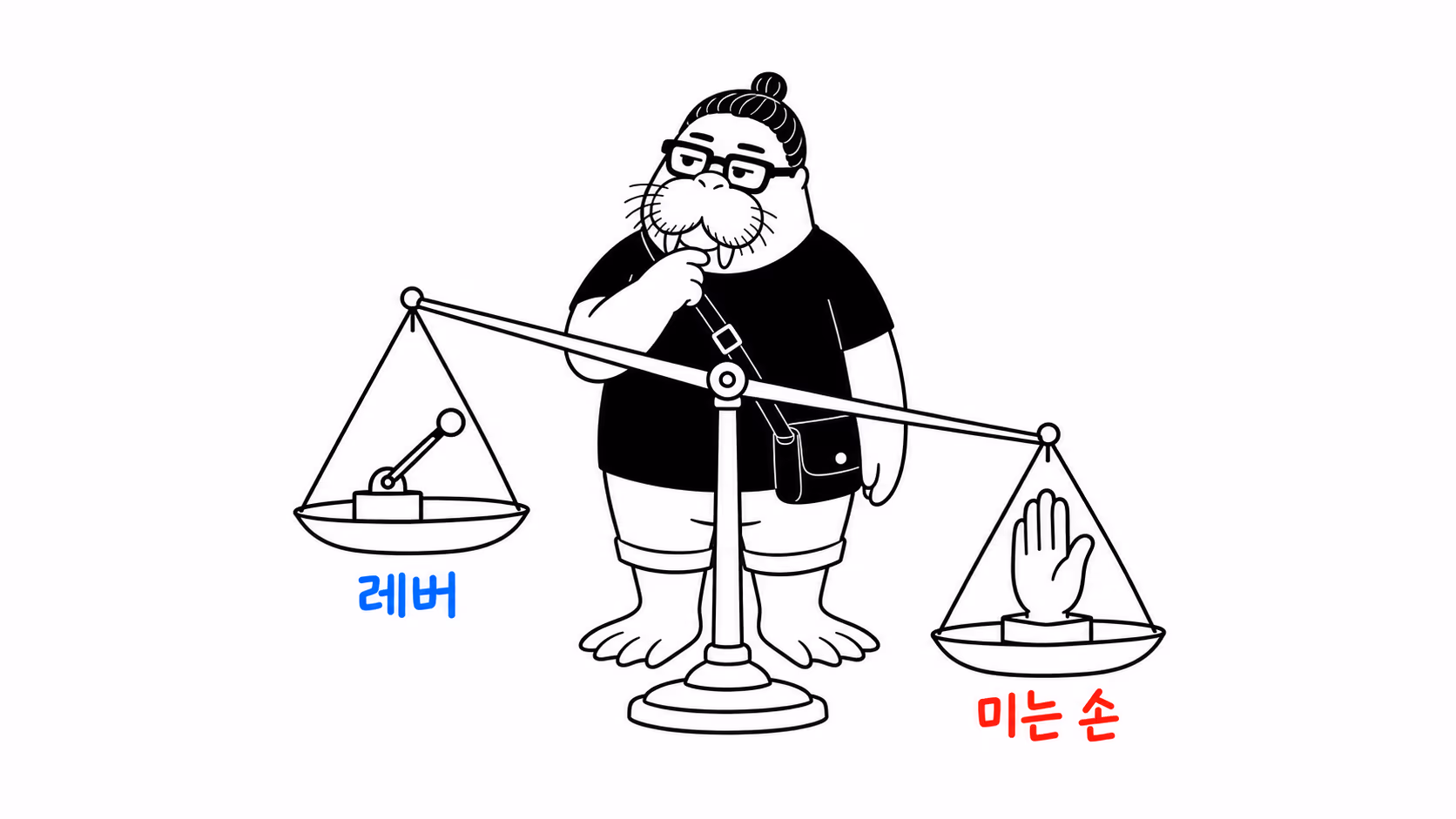 dkdk가 양팔 저울 앞에 서서 갸웃한다. 왼쪽 접시에는 작은 레버가, 오른쪽 접시에는 사람을 미는 손 모양이 올라가 있는데 접시 높이가 서로 다르다