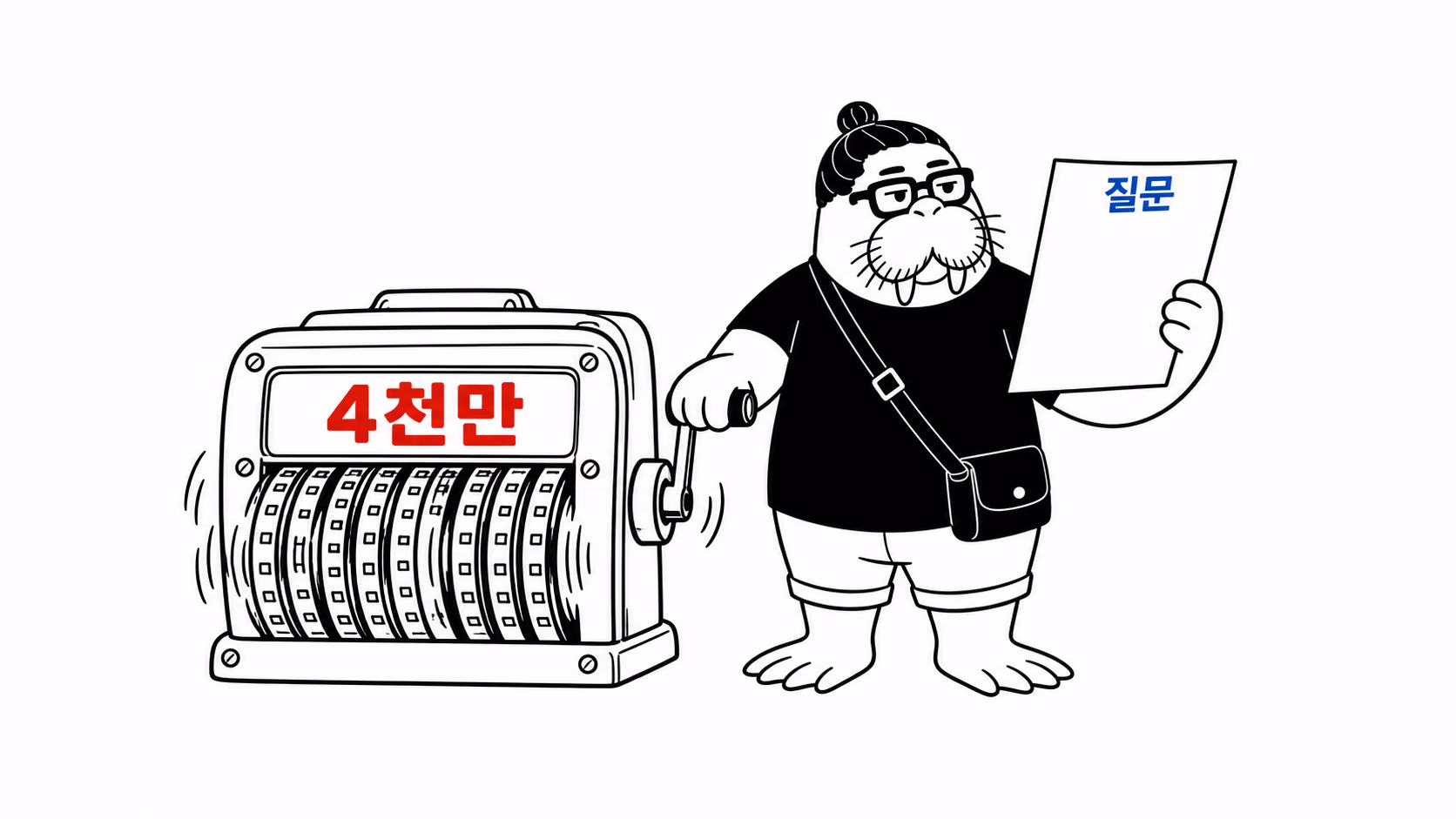 dkdk가 숫자가 빽빽이 돌아가는 큰 계수기 옆에 서서, 다른 손에 든 질문지를 들여다보는데 그 종이는 텅 비어 있다
