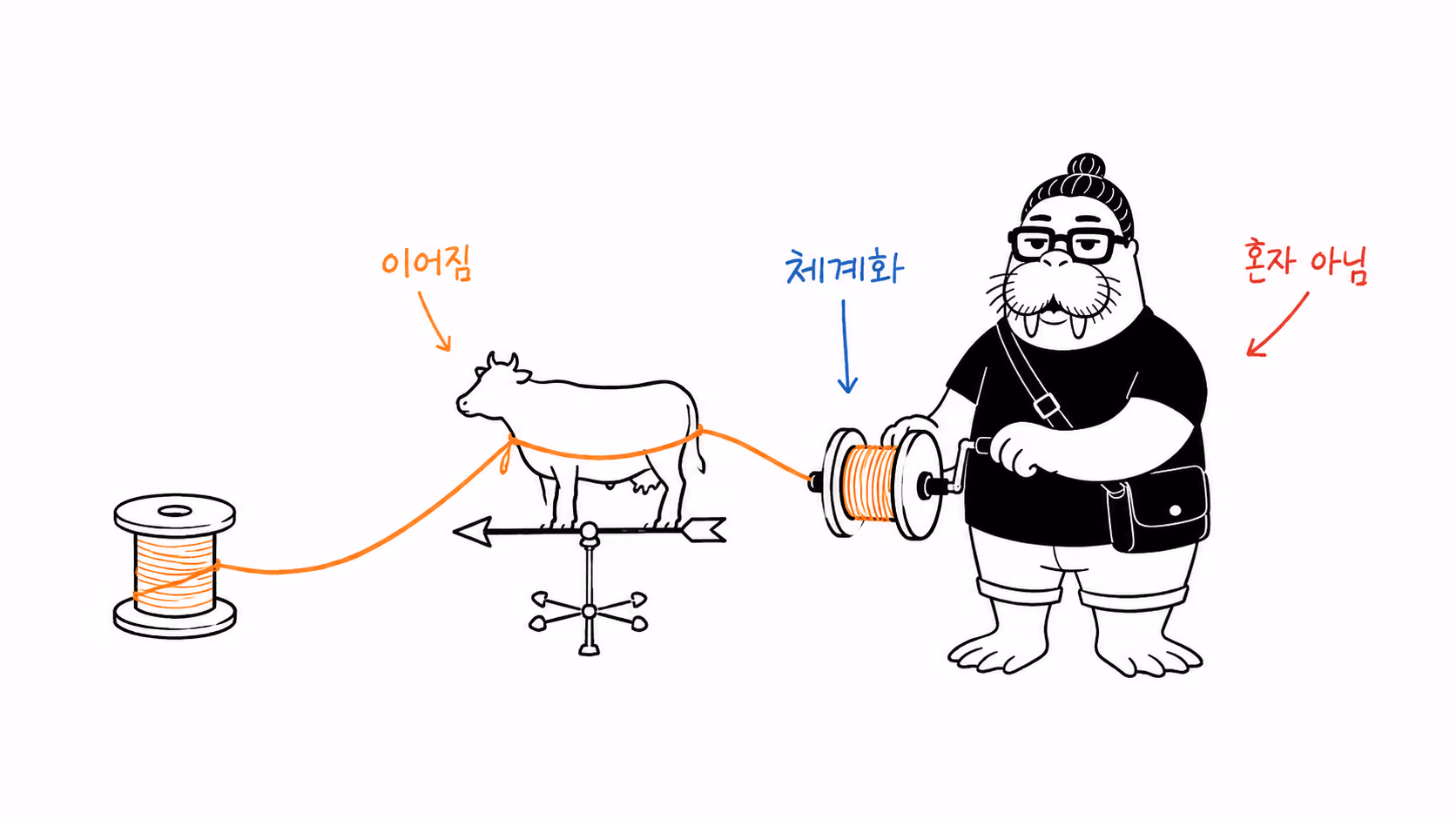 오래된 지식의 실이 소를 거쳐 과학적 체계로 감기는 장면