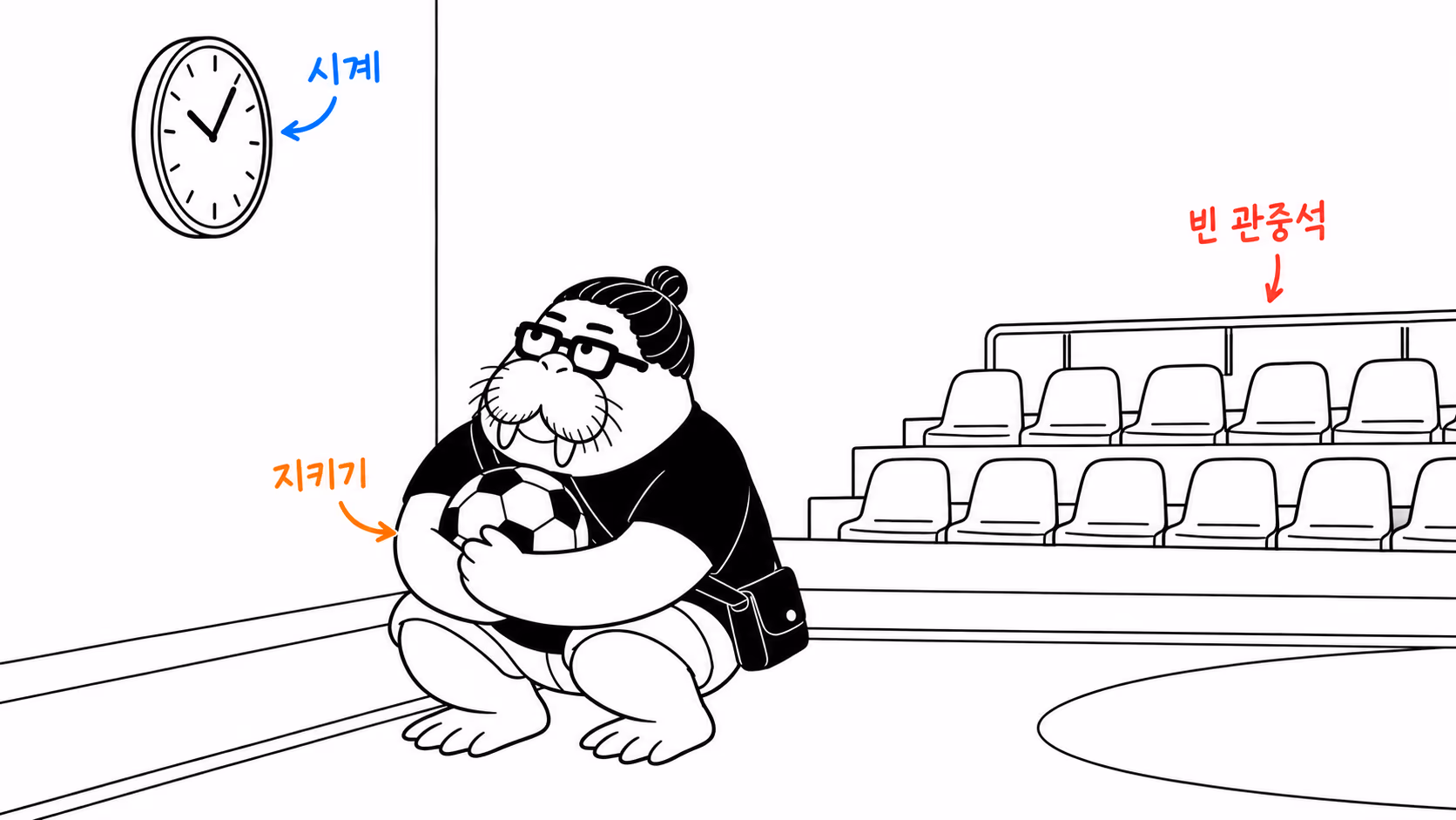 dkdk가 공을 품에 꼭 안고 구석에 쭈그려 앉아 시계만 올려다보고 있고, 뒤편 관중석은 텅 비어 있다