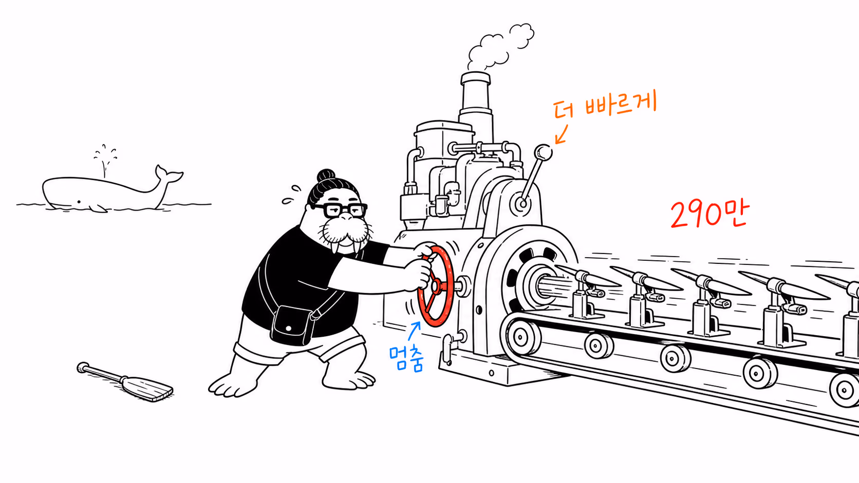 느린 노를 버리고 엔진 손잡이를 당기자 작살 컨베이어가 폭주해 급히 브레이크를 잡는 장면