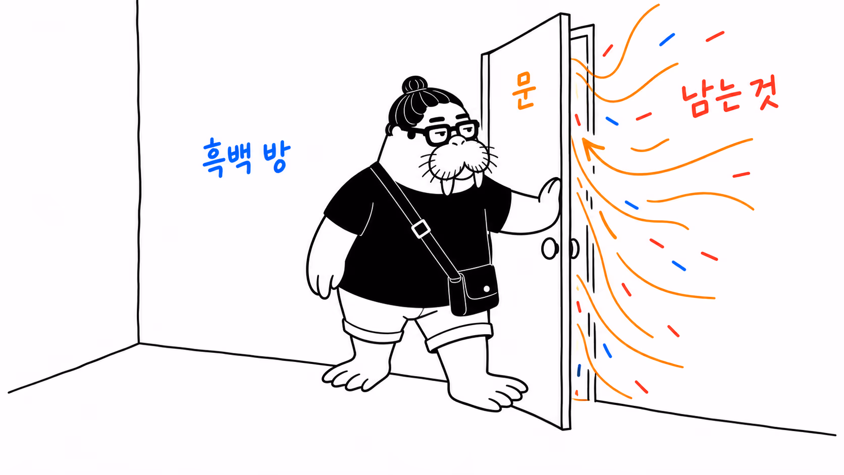 dkdk가 온통 흑백인 방의 문을 밀고 나서는 순간 문틈으로 색이 쏟아져 들어온다